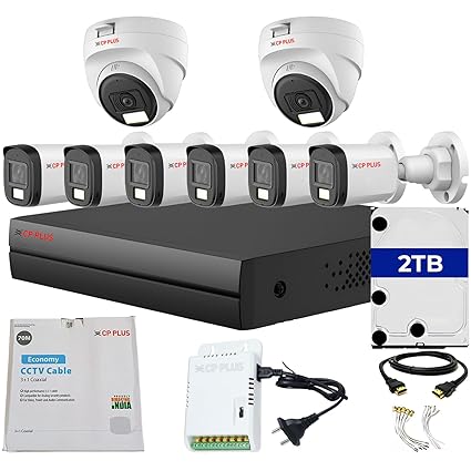 CP PLUS 8 channel DVR with 2MP 6x OUTDOOR & 2x INDOOR, Built-in Audio Mic, Dual Light Color Night Vision wired CCTV Cameras, Motion Detection, 8 Channel SMPS, 70 Meters Cable, 2TB HDD, Required BNC/DC