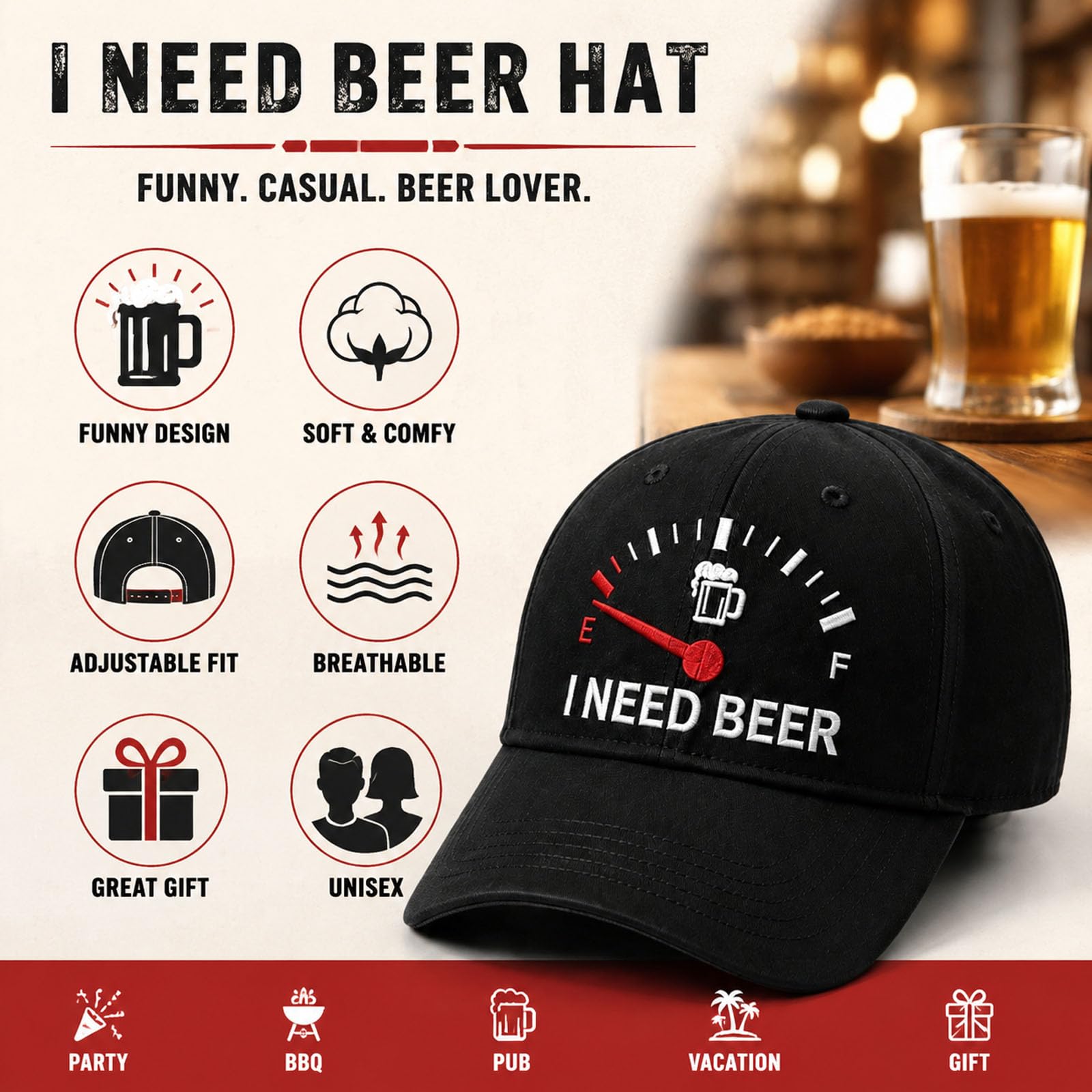 Ho Bisogno di Un Berretto da Baseball con Cappello da Birra | Cappello da papà vintage lavato regolabile per amante della birra, regalo per umorismo, cappello da festa per uomo e donna