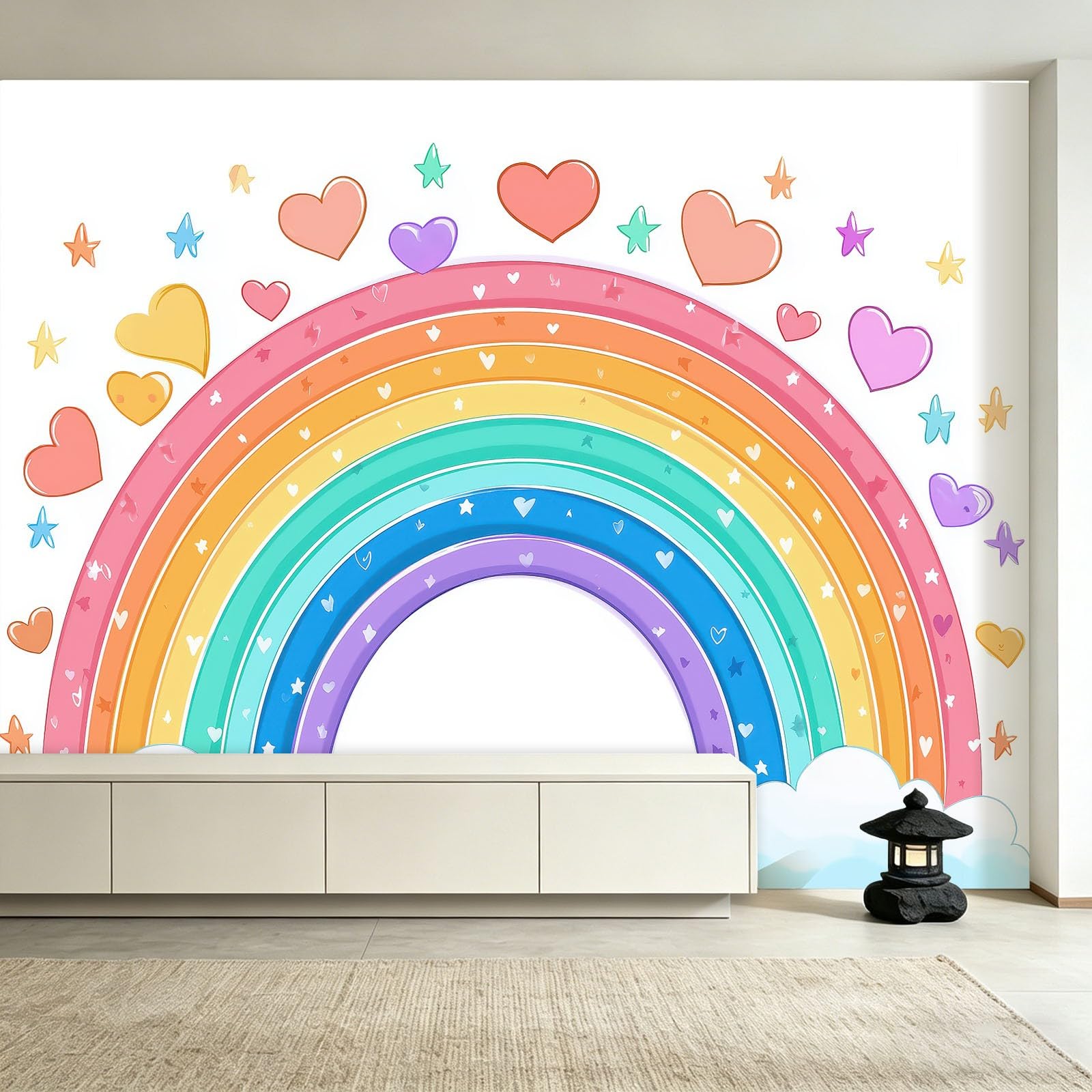 Générique Panoramiczna tapeta z włókniny 200 x 140 cm - tęcza gwiazdy serce, minimalistyczny plakat ścienny do pokoju dziecięcego, pokoju zabaw - dekoracja ścienna 3D