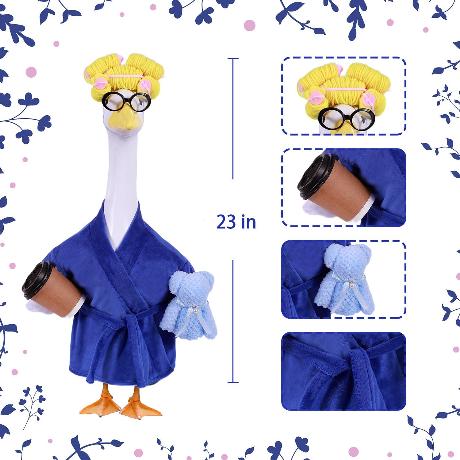Lady Porch Goose Outfits,Bathrobe Porch Goose Statue Costume with Curlers Reading Glasses Coffee Cup Towel,Cute Goose Clothes for 23-Inch Cement or Plastic Statue,Lawn Yard Garden Patio Decor(Purple)