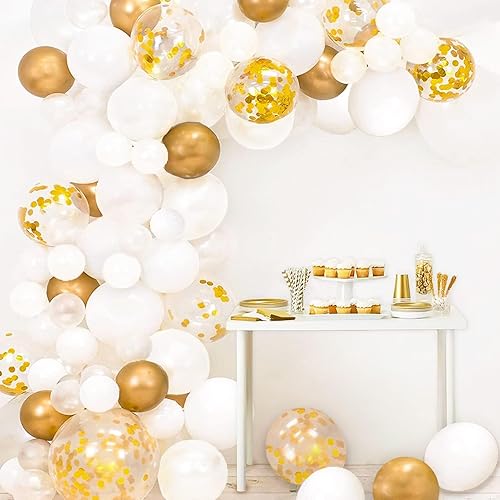 Kit de arco de guirnalda de globos de oro blanco de 108 piezas, 10 pulgadas y 12 pulgadas, juego de globos de confeti de oro blanco para cumpleaños,