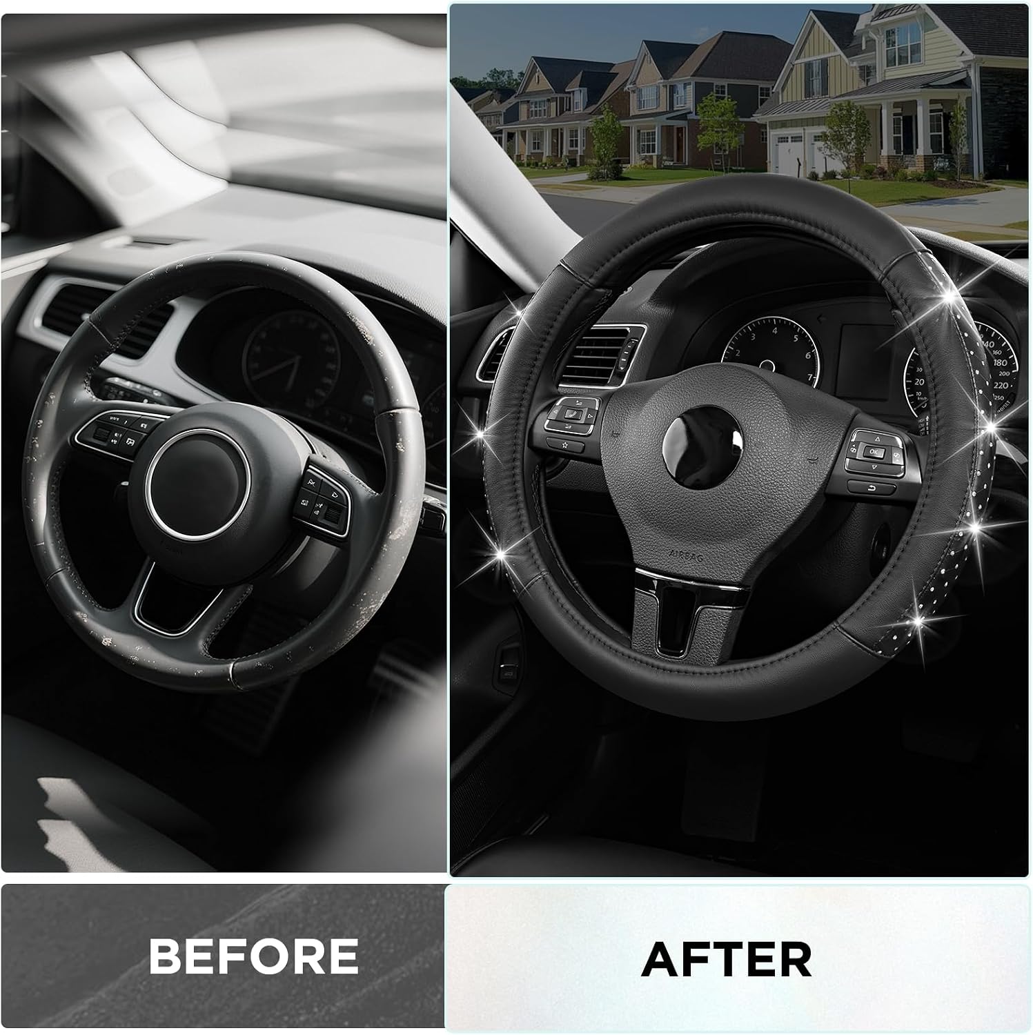 Road Comforts Bling Steering Wheel Cover for Women Girls, Sparkly Rhinestone Leather, Diamond Car Accessories, Anti-Slip Thick Soft Grip, Universal 14.5–15 Inch, for Her