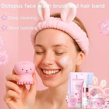 Sakura Skincare Set Gifts for Teenage Girls, Pamper Gifts for Women | 7PC Gentle Cleanser, Serum, Cream with Hair Tie, Brush & Headband | Pamper Set for Teen,Women,Mom | Birthday, Travel Skincare Set