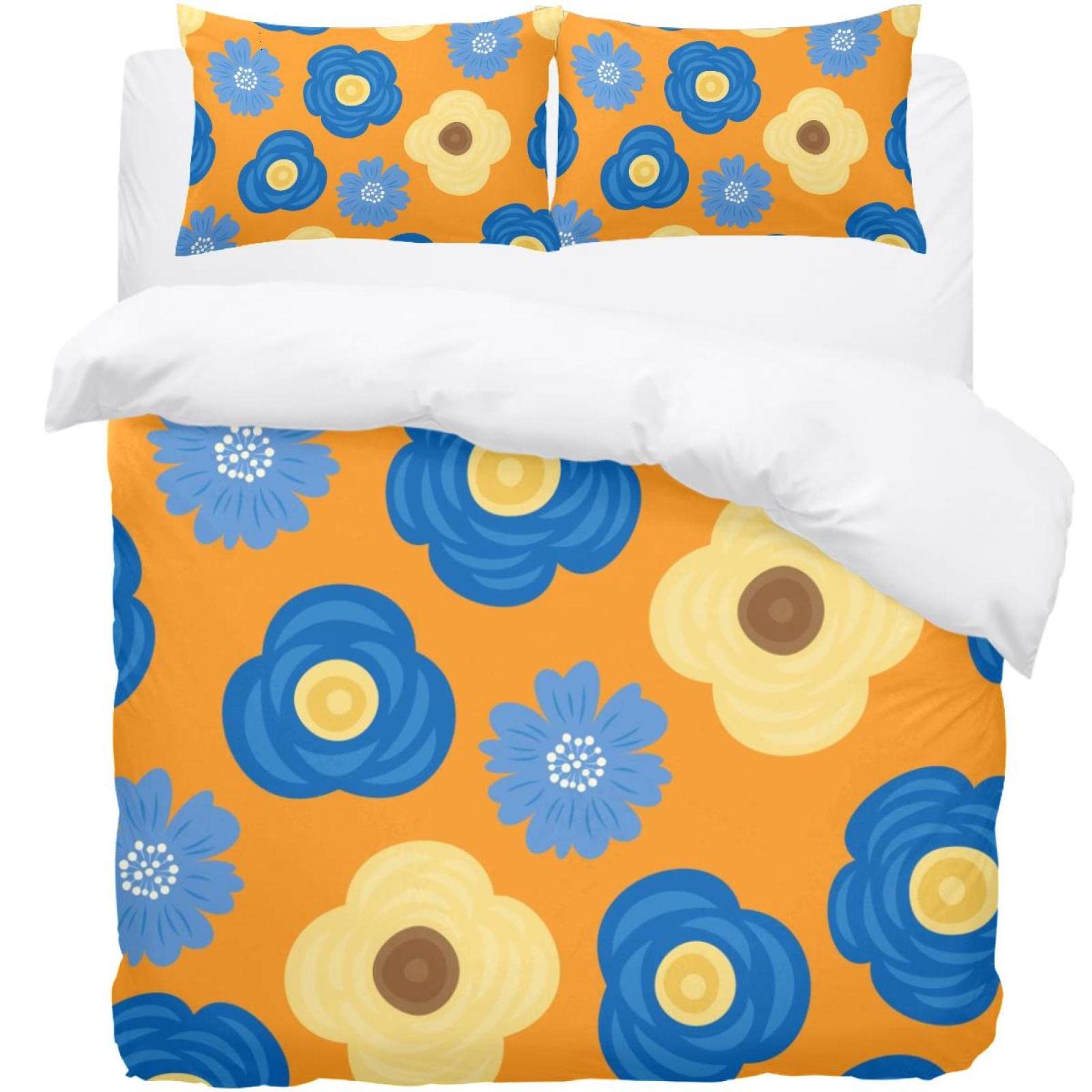 Housse de couette fleurs bleu jaune orange avec 2 taies pour lit double et King size