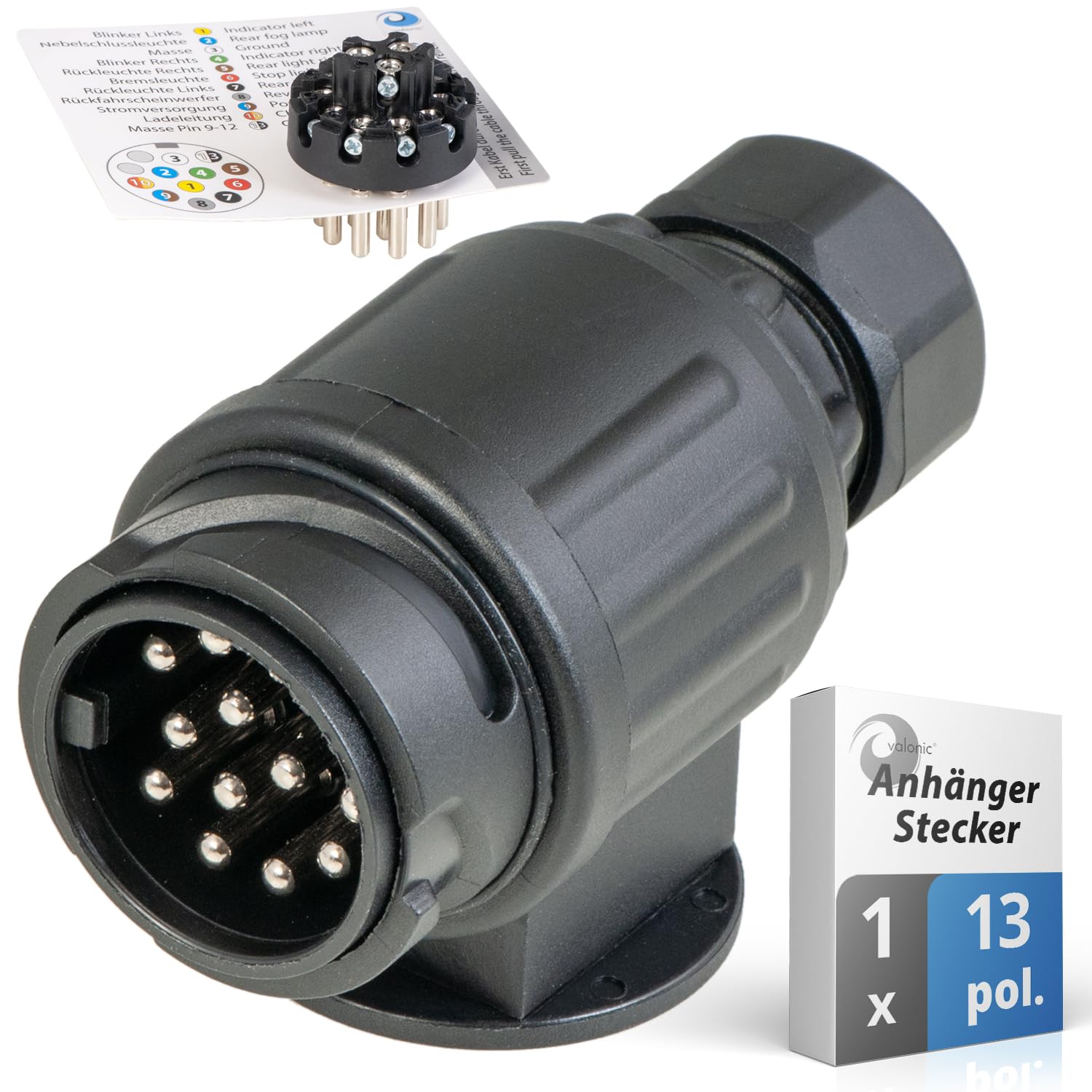 valonic Premium Anhänger Stecker - 13 polig, Verkabelungs-Schablone, 13 poliger Anhängerstecker, schwarz