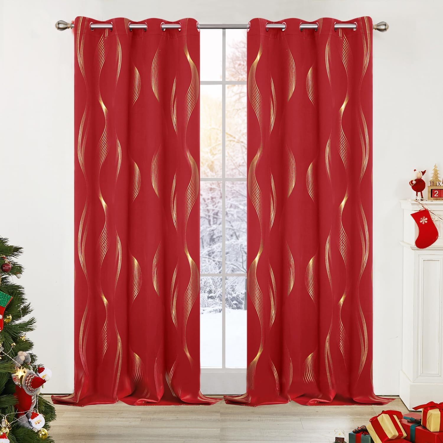 Deconovo Christmas Blackout Curtains - Thermal Insulated, Noise-Reducing Window Drapes for Bedroom, Living Room - 2 Panels, True Red/Wave, 52W x 84L