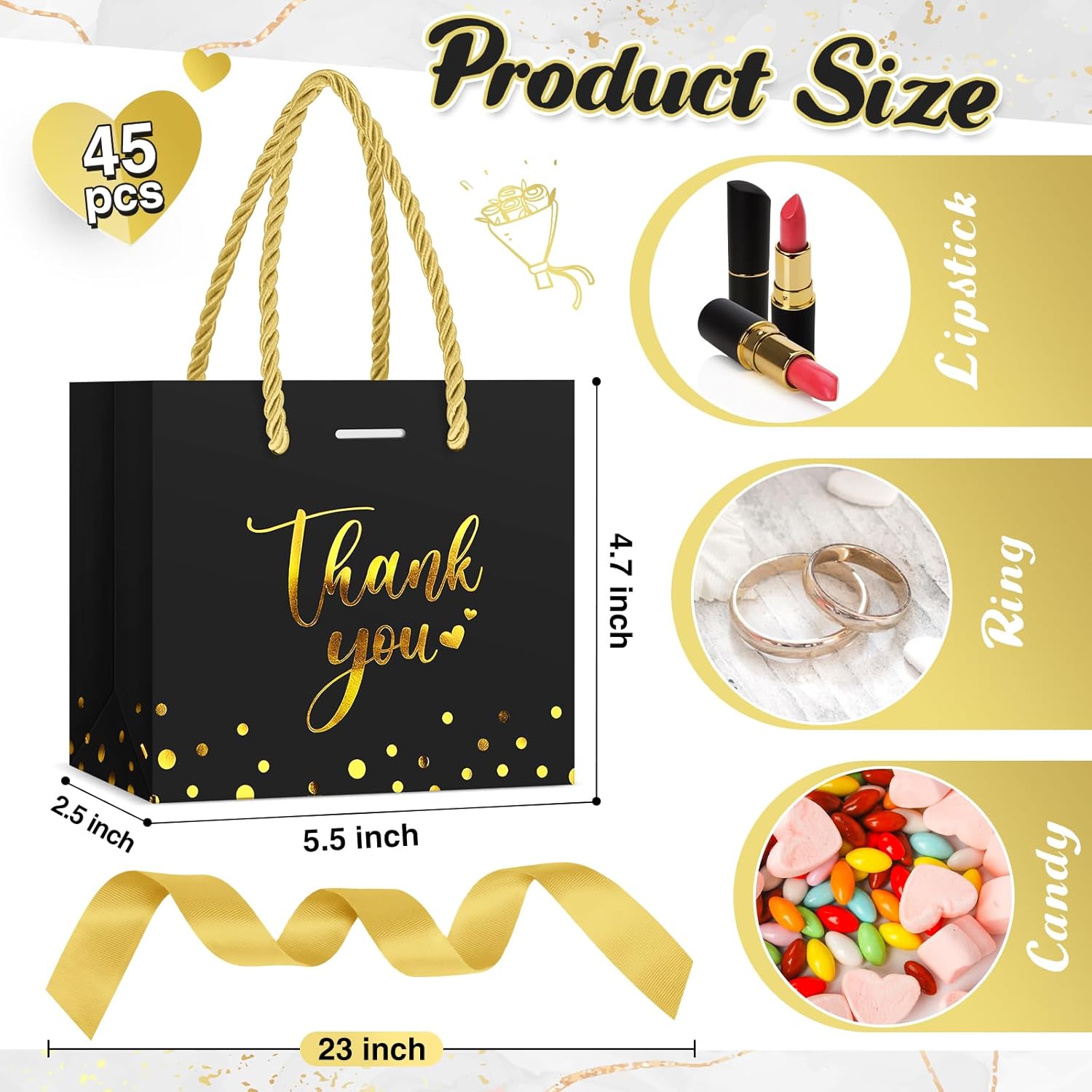 Jetec 45 Pcs Mini Paper Gift Bag Bulk 5.5 x 4.7 x 2.5'' Small Thank You Favor Bag with Handle Bow Ribbon for Valentine Wedding Baby Bridal Shower Birthday Anniversary Party(Black/gold) - Image 3