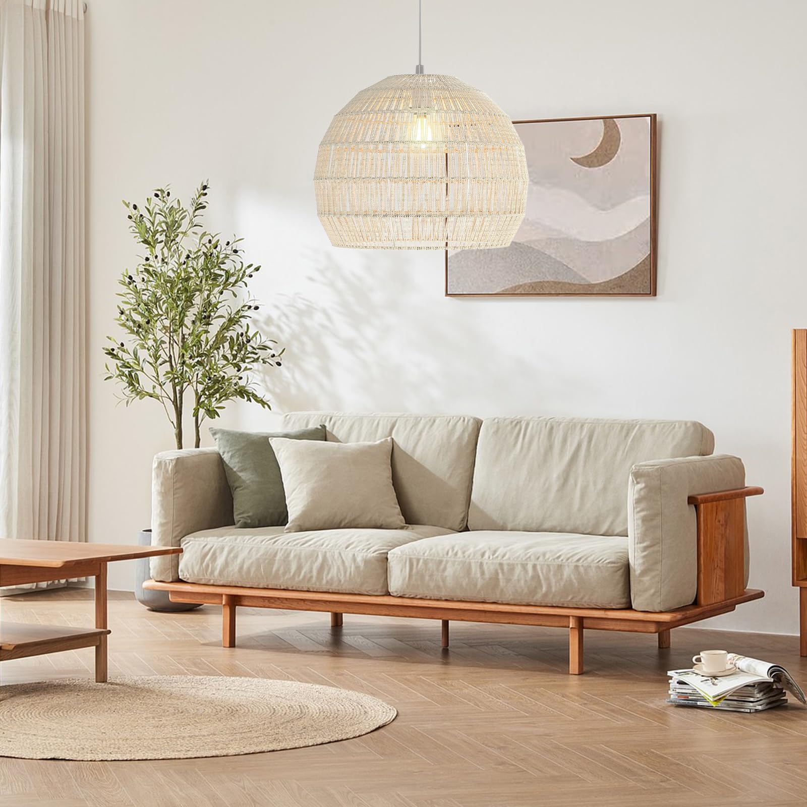 COSTWAY Lampada a Sospensione, Lampadario Moderno con Struttura in Metallo e Cupola in Carta, Luce con Altezza Regolabile per Cucina, Camera da Letto e Soggiorno, 43 x 43 x 34 cm (Beige)
