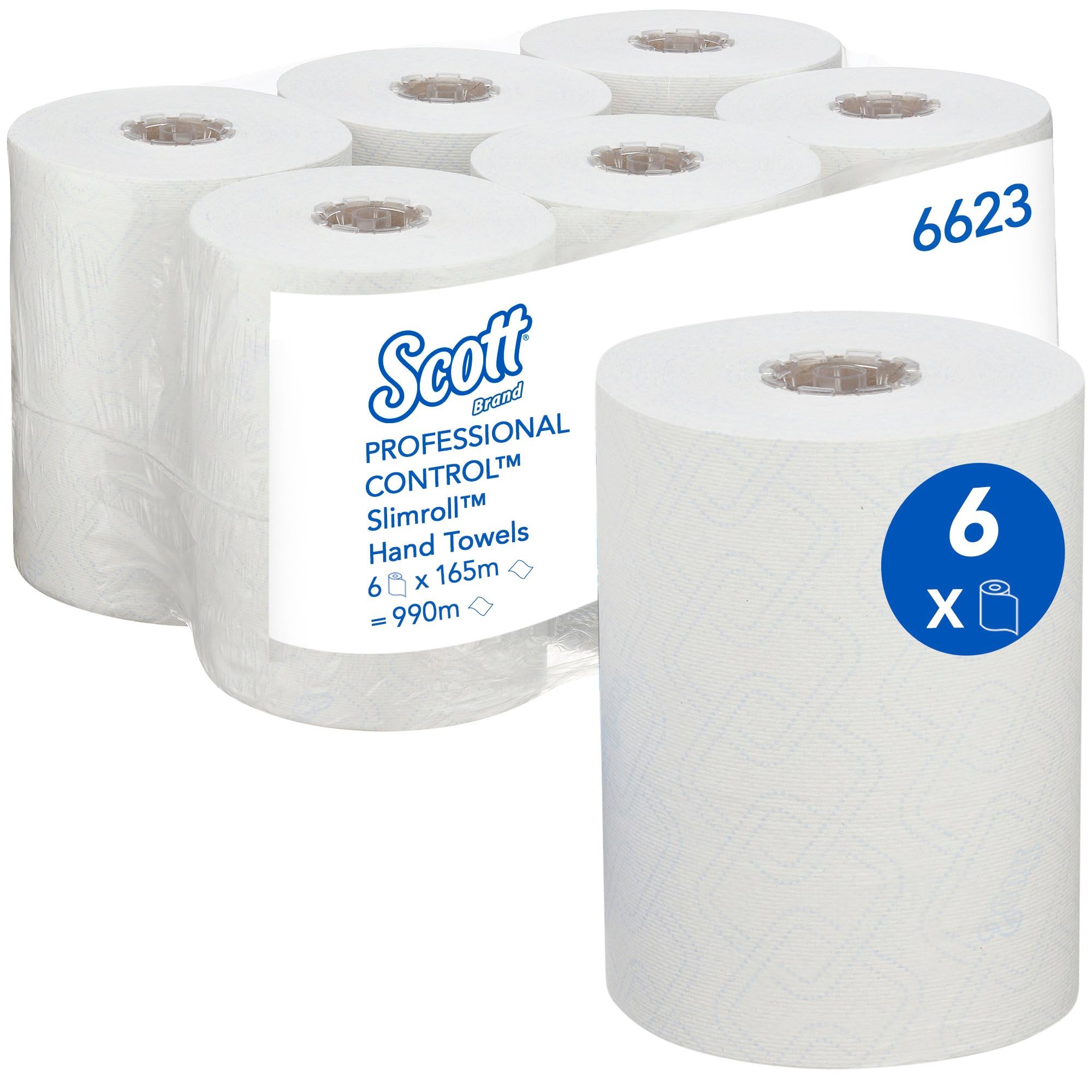 Scott Control Slimroll 6623, Toallas de Papel Desechables, Papel Secamanos Blanco, Suave y Resistente, Compatible con Dispensador Aquarius, 6 Rollos de 165 m (Total 990 m)