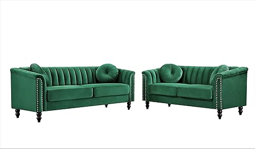 Container Furniture Direct Juego de 2 piezas de sofá de terciopelo copetudo con cojines extraíbles y patas de madera torneadas elegantes muebles de