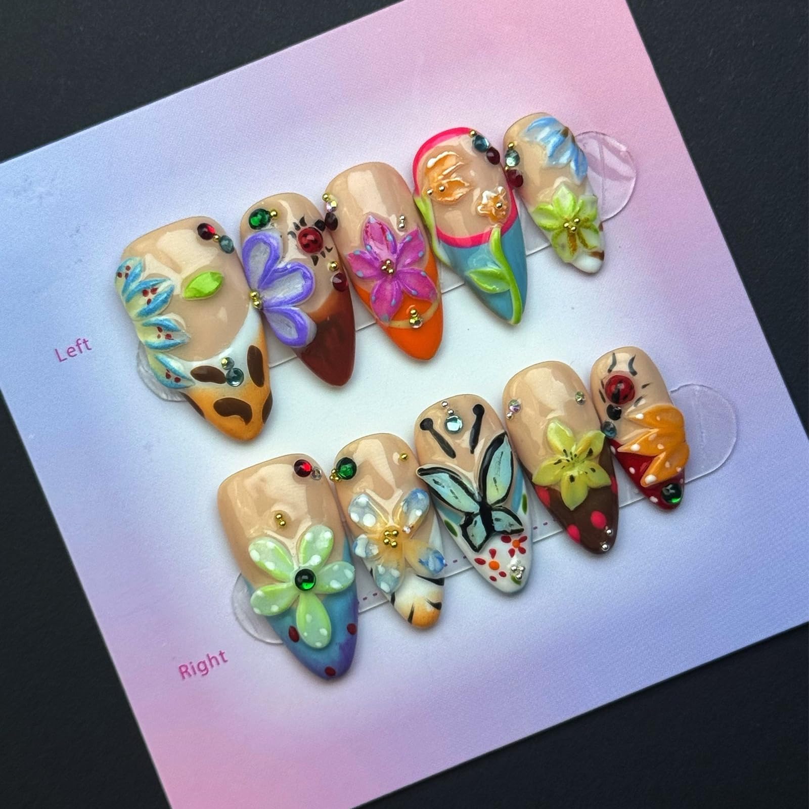 Photo 1 of 100% Handmade Press on Nails Colorful Flower Medium Almond Fake Nails with 5D Butterfly Design French tip Glue on Nails Floral False Nail Reusable Handmade Nail for Women Manicure Size L