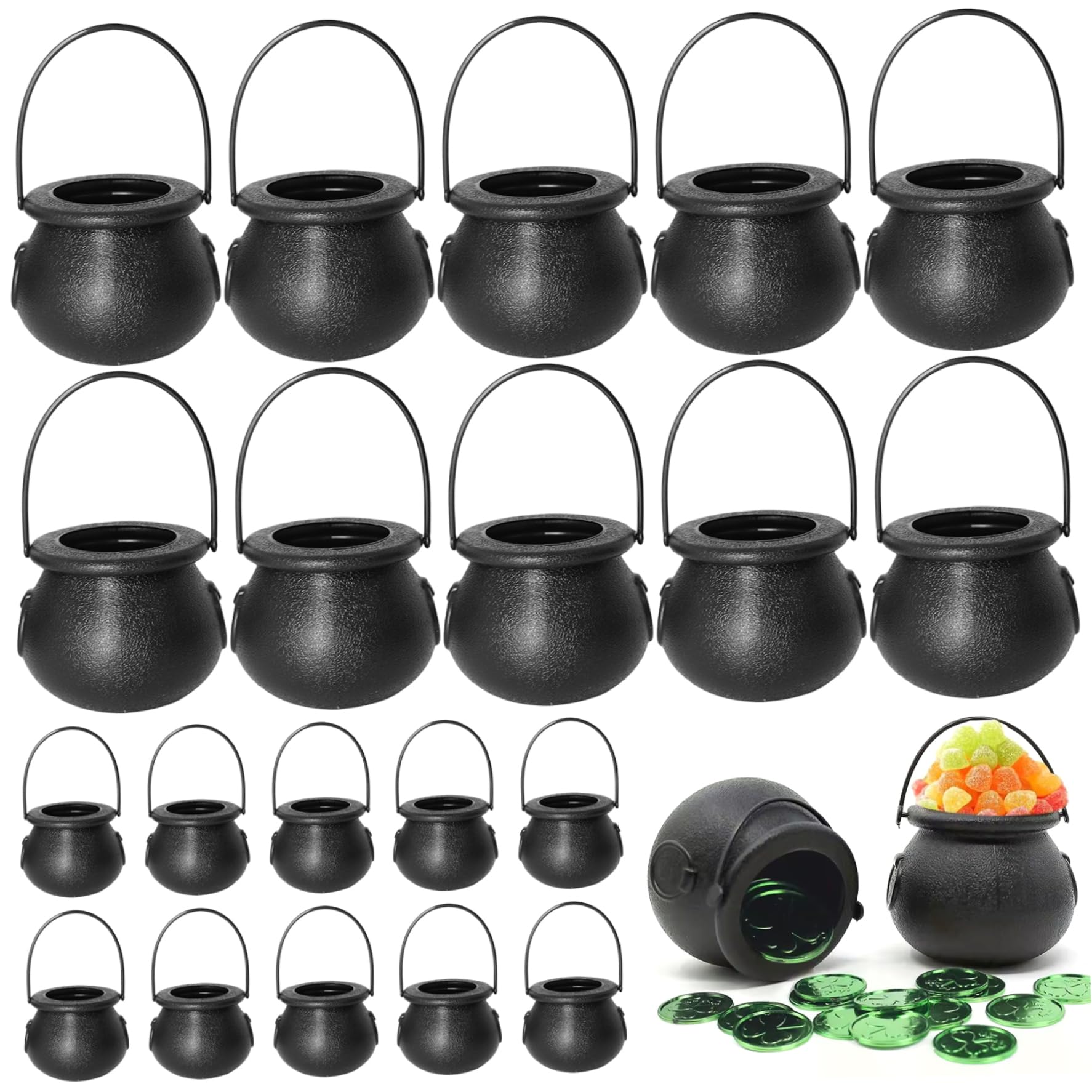 NASSMOSSE Mini Cauldron 20 Pcs, Witches Handle Design, Black, 2.8x2.4in