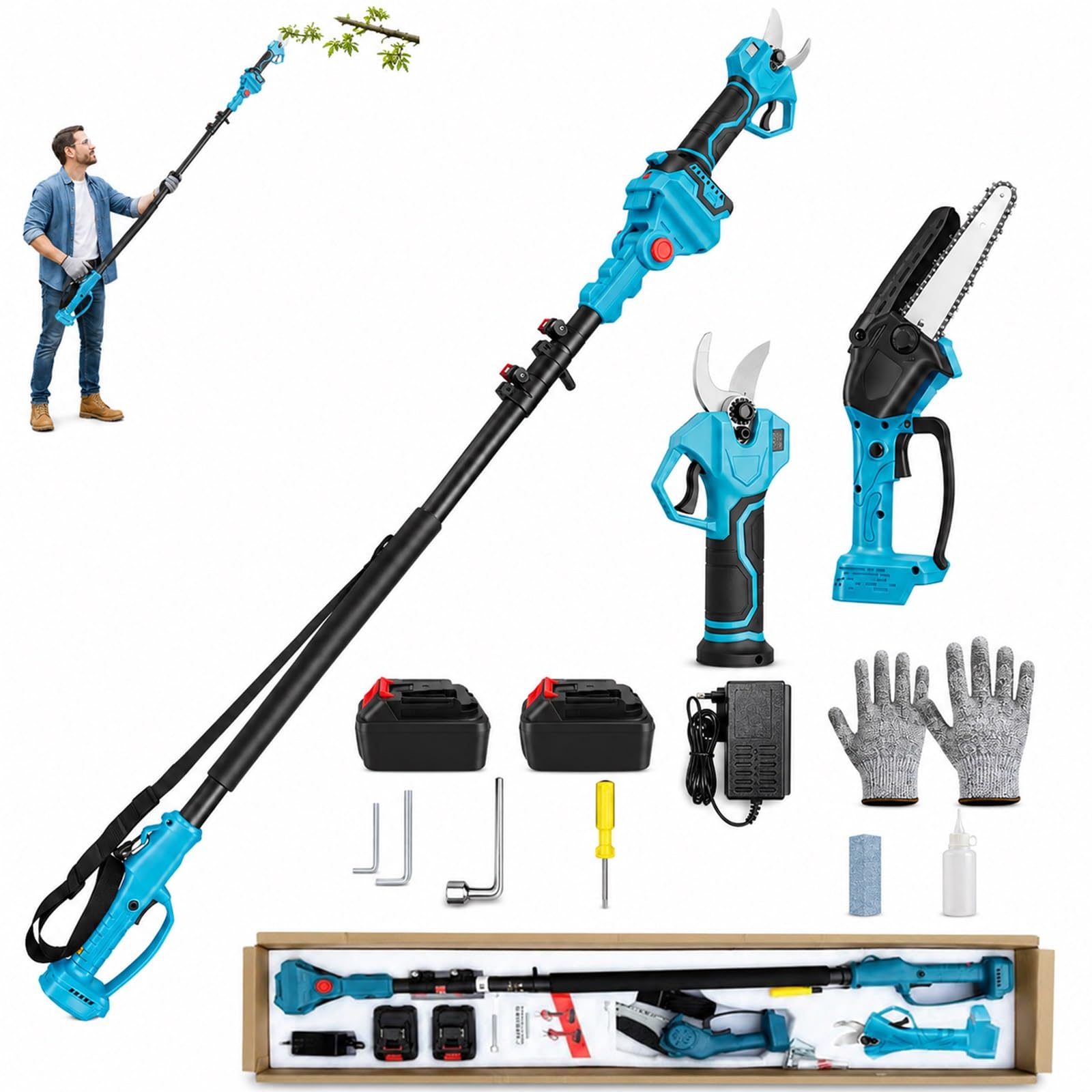 Kit Mini Motosierra Brushless con Poste de Extensión & Tijeras de Podar | Kit de Poda Eléctrico Incluye Sierra 8 Pulgadas, 2 Baterías Recargables para Cuidado Jardín Multiángulo