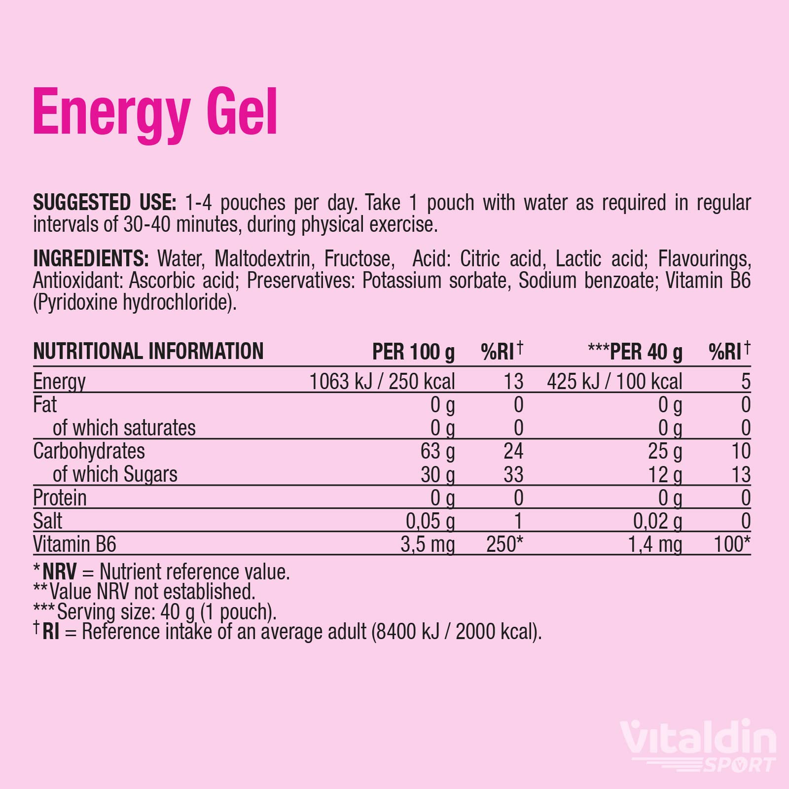 VITALDIN SPORT Energy Gel – 24 GEL x 40 gr – Gel Energetico Fragola & Banana con Vitamina B6 (Senza Caffeina) – Energia Rapida e Rilascio Graduale – Running, Ciclismo & Sport di Lunga Durata