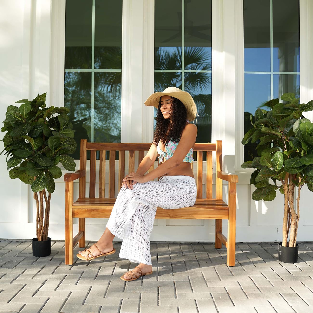 EcoDecors Hampstead 51 inch Heath Outdoor Bench Teak Wood Garden Bench for Patio with Armrests and Backrest for Indoor Use and Outdoor, in Natural Color