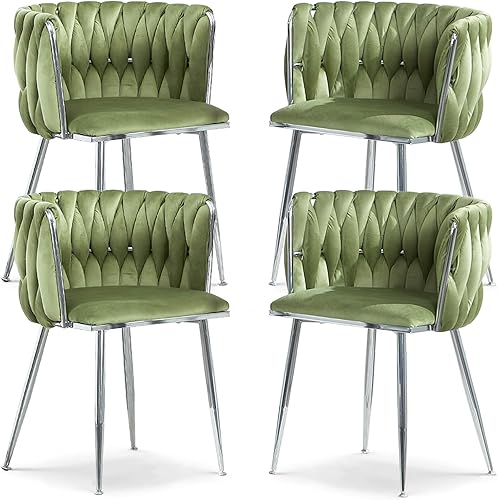 Miniatura 21 de Juego de 2 sillas de comedor de terciopelo, sillas laterales tapizadas tejidas con patas de metal plateado, Sillas de Comedor 2, sillas decorativas