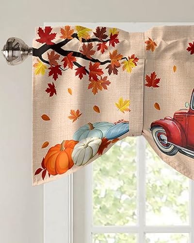 Miniatura 3 de Cenefas de otoño para ventanas de cocina, cenefa de cortina de calabaza de cosecha de camión rojo para cocina, sala de estar, cortina de ventana de
