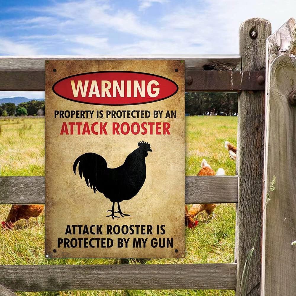 Beware Chicken Metal Sign,Warning Property is Protected by Attack Rooster Sign Wall Plaque,Thin Metal Sign for Front Door Decor,Yard Sign Home Decor 12.5x17.5 Inch