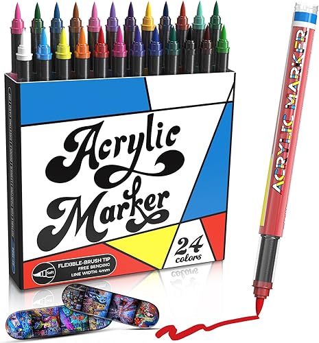 alchilalart Marcadores de pintura acrílica, 24 colores de punta fina permanente para pintura de rocas, lienzo, madera, vidrio, cerámica, tela,