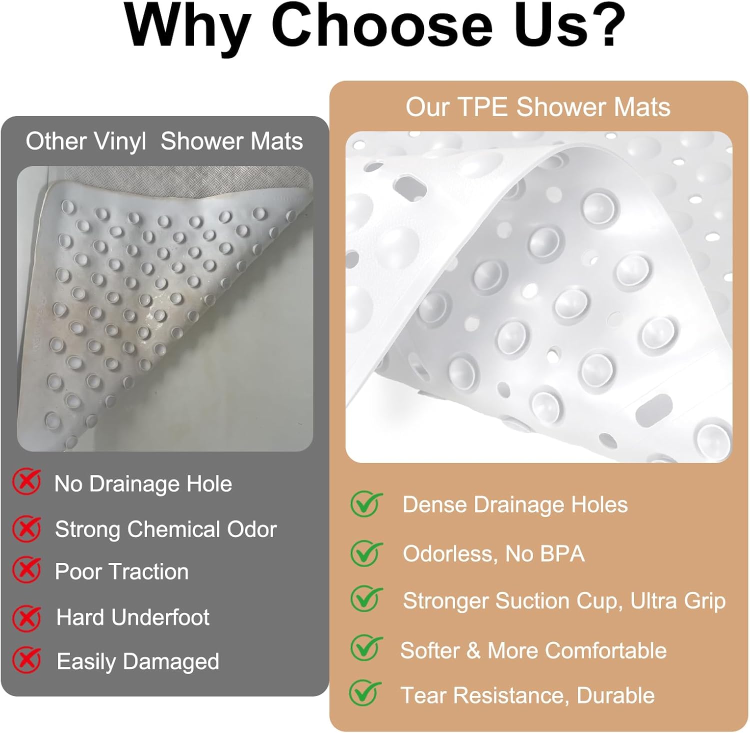Square Shower Mat Non Slip, 27 x 27 Inch Quick Drain TPE Anti Slip Shower Mats for Inside Shower, Soft Shower Floor Mat with Suction Cups, Quick Drying, Machine Washable