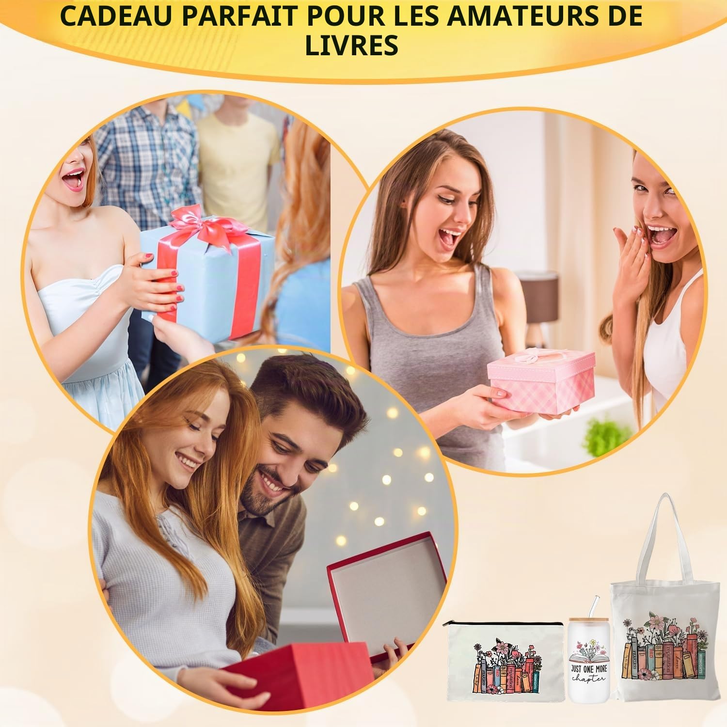 Onperpoe Cadeau d'anniversaire pour les amateurs de livres avec sacs fourre-tout, sacs cosmétiques, bouteilles en verre, bibliothécaire, bibliothécaire, cadeau pour lecteurs, enseignants, étudiants