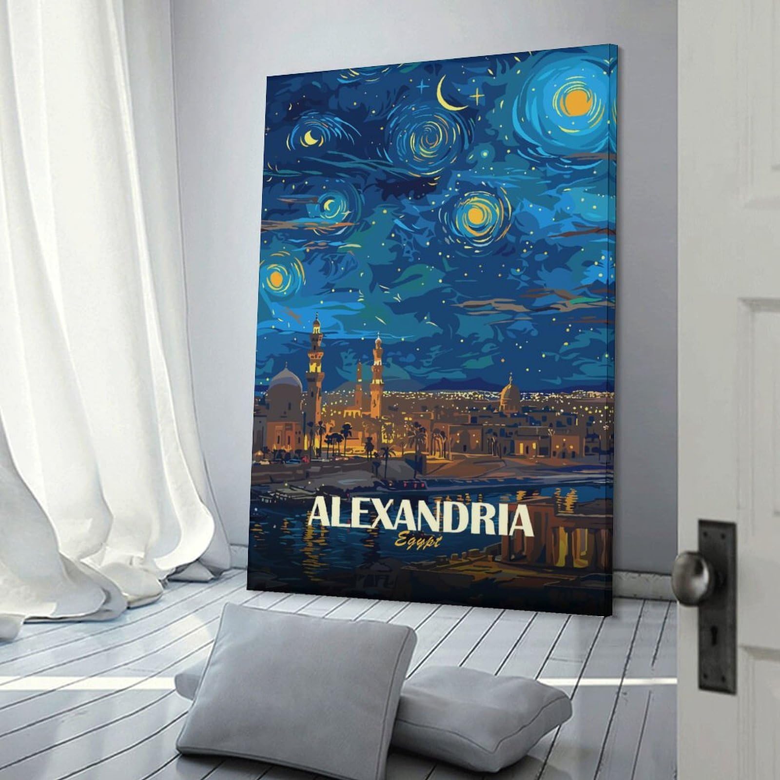 Junmoney Alexandria Egypt Starry Night Art Decorative Wall Artwork 20x30inch(50x75cm), for Living Room, Lounge Or Sitting Room, A Home Accent with Warm Character