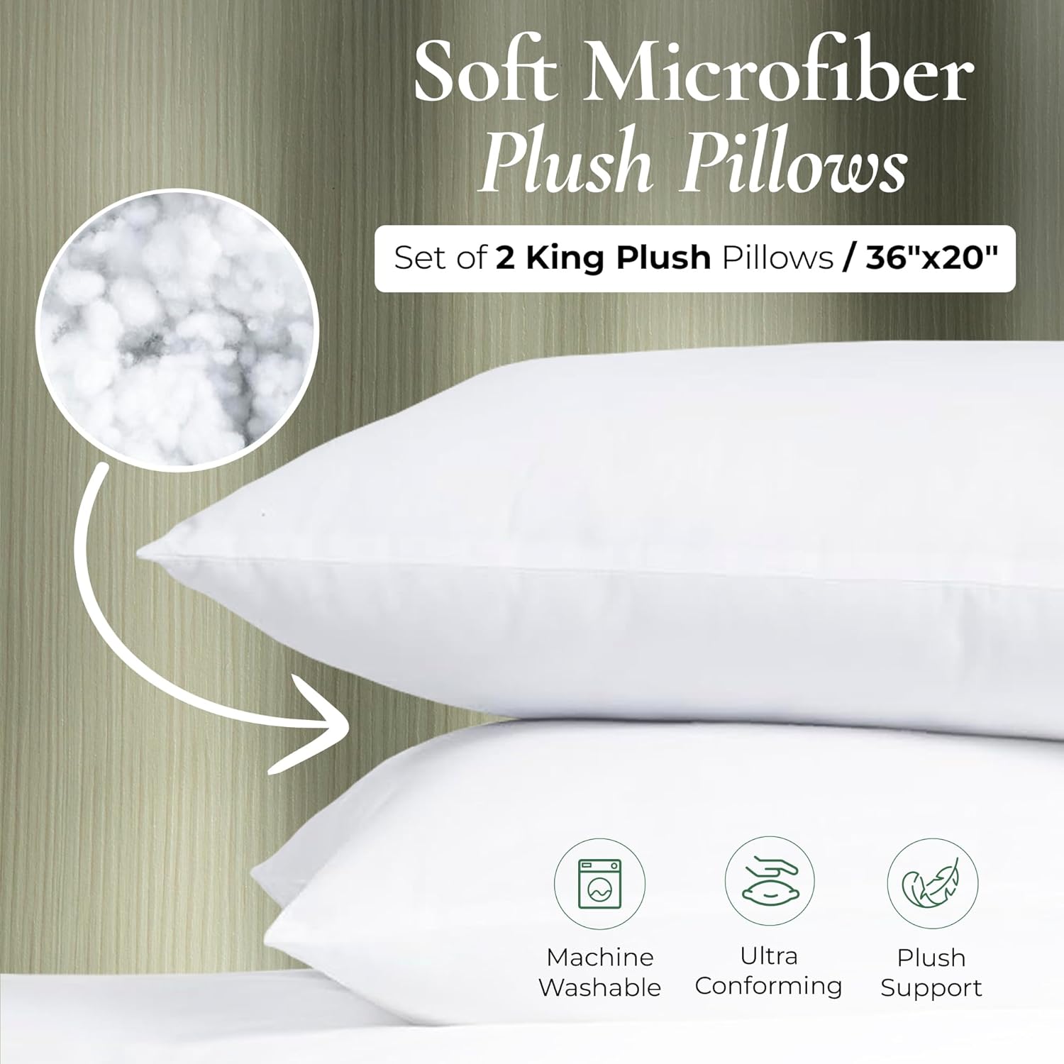 Fern and Willow King Size Bed Pillows - Set of 2, 36"x20" - Luxurious Ultra-Soft Cooling Pillow - Hotel Quality, Down Alternative Fill - Ideal Gift for Side, Back & Stomach Sleepers - Image 2