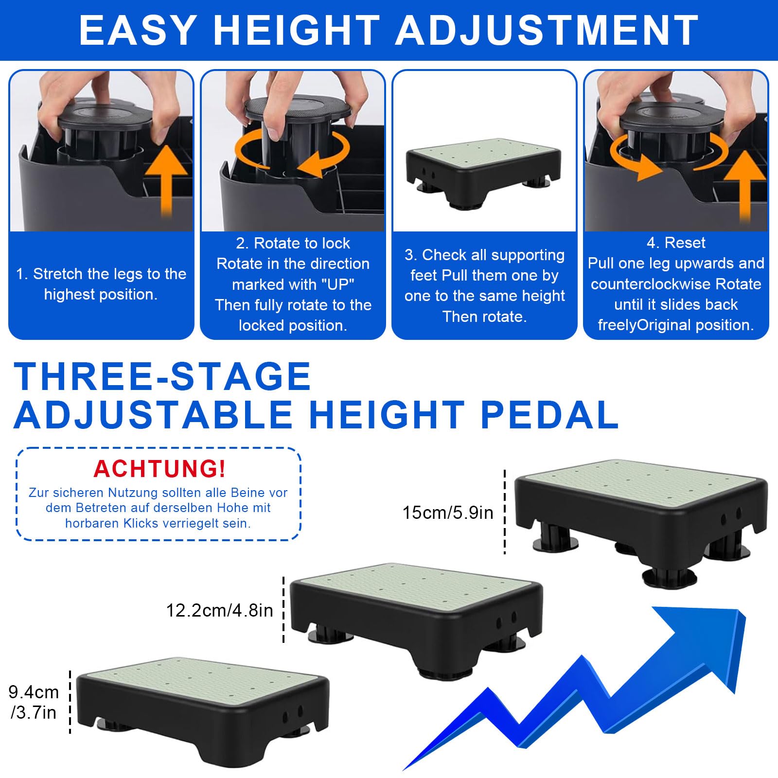 rutschfest Halbstufe, Nachleuchtende Trittstufe, Trittstufe Indoor & Outdoor bis 200 kg, 3-Stufig Höhenverstellbarer, Tragbare Steighilfe & Einstiegshilfe Tritthocker, für Bett, Treppe