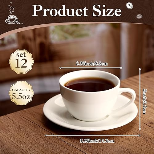 Miniatura 2 de Maxdot Juego de 12 tazas de café de porcelana de 5.5 onzas con platillos, tazas de café y platillos de cerámica blanca, taza de capuchino, taza de