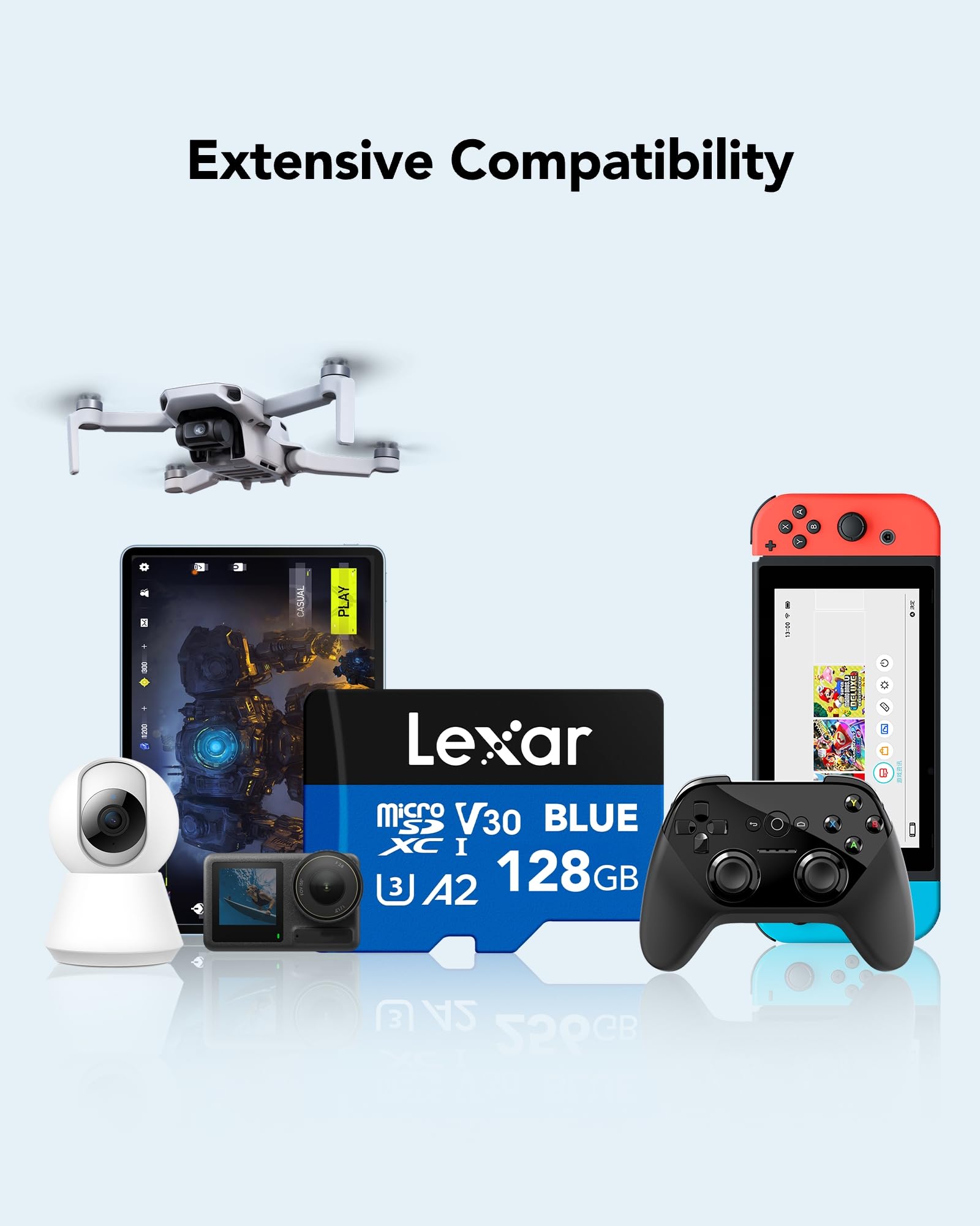 Lexar Blue Scheda Micro SD 128GB, fino a 160 MB/s in lettura, scheda microSDXC UHS-I, C10, U3, V30, A2, video Full-HD e 4K, scheda di memoria ad alta velocità per smartphone/tablet/action camera