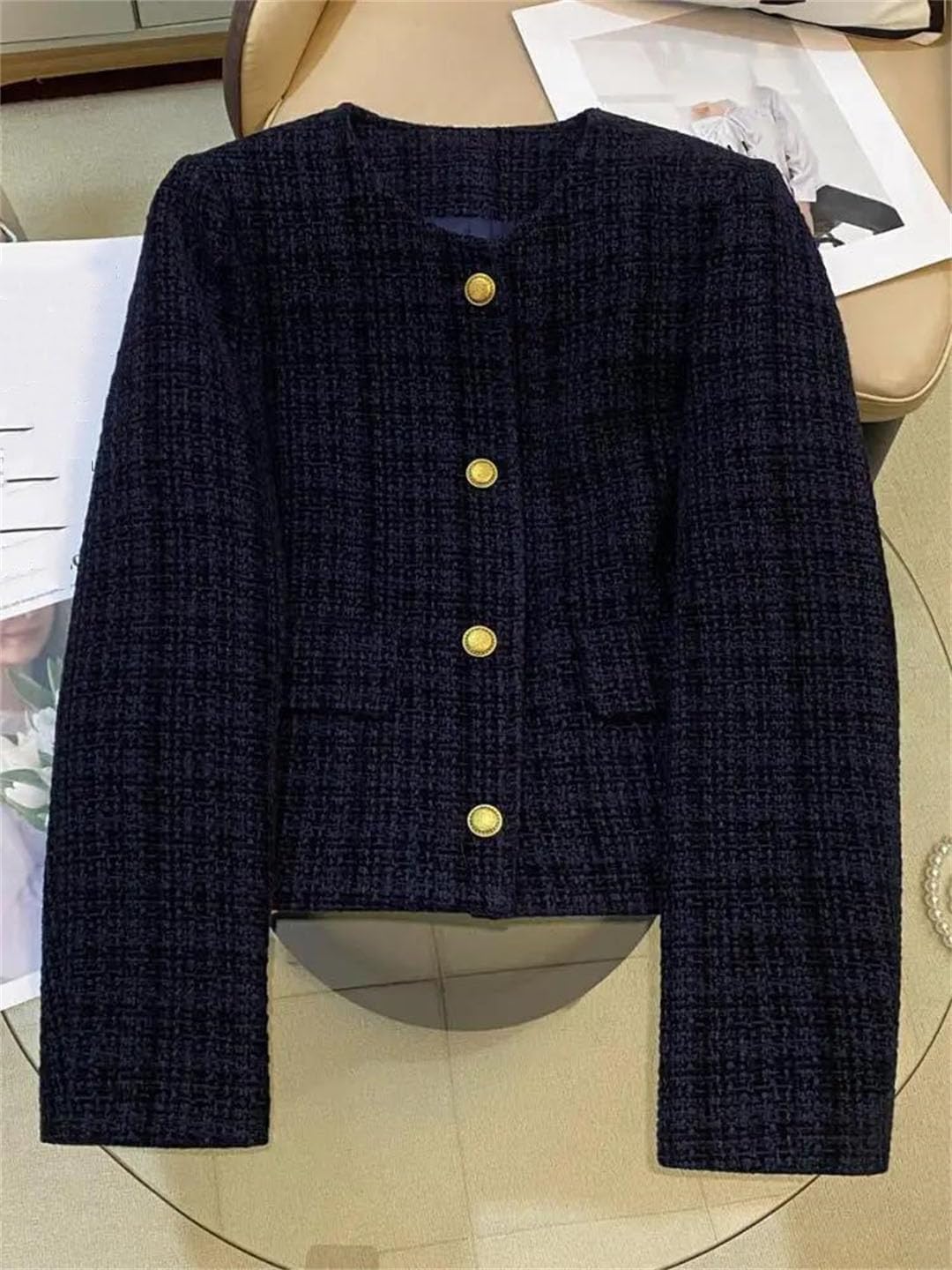 Women’S Casual Short Suit Jacket Wide-Waisted O-Neck Long Sleeve Single Breasted Top