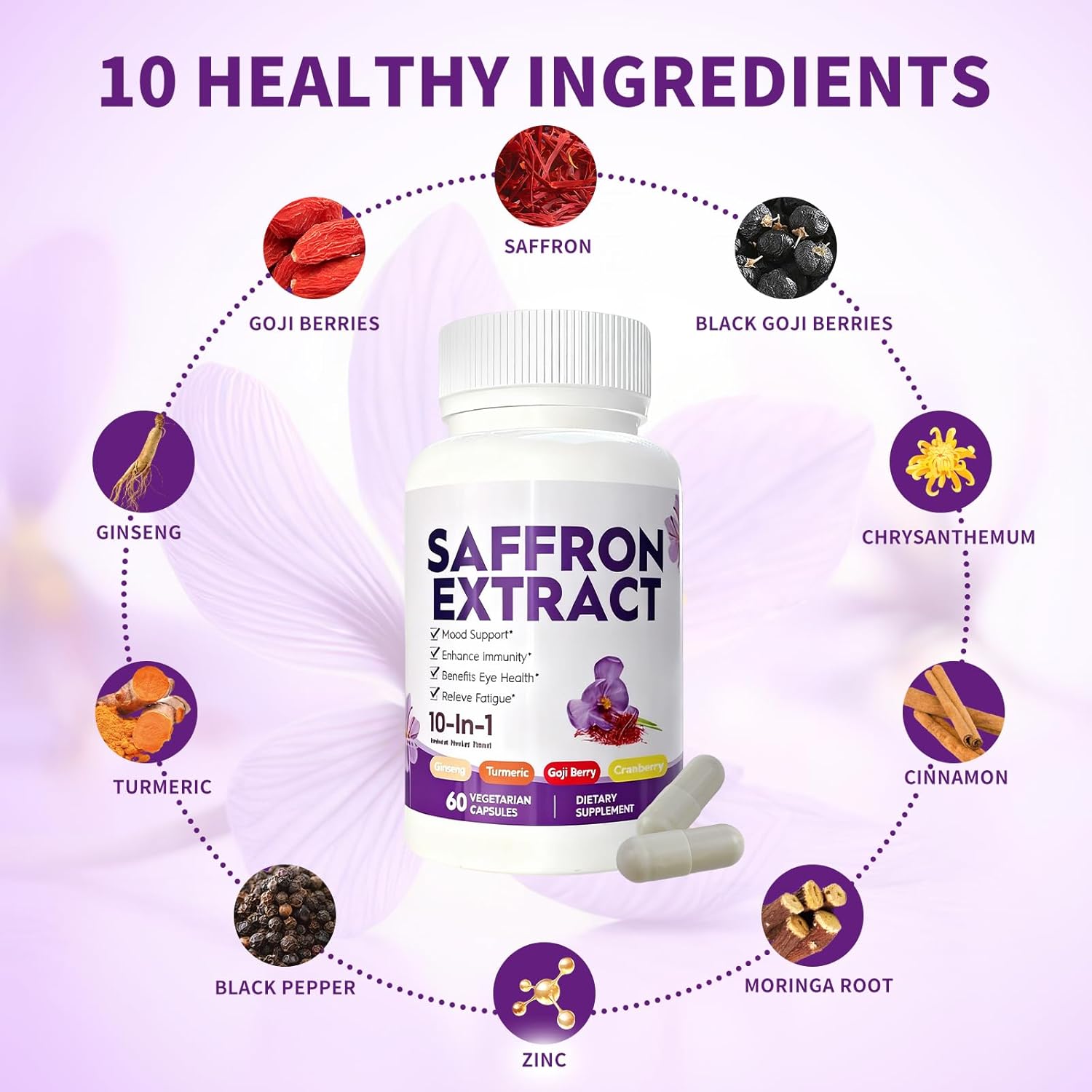 Saffron Supplements with Turmeric, Ginseng, and Zinc Complex Formula for Men and Women Supports Mood, Immune Function, 60 Vegan Capsules - Image 4