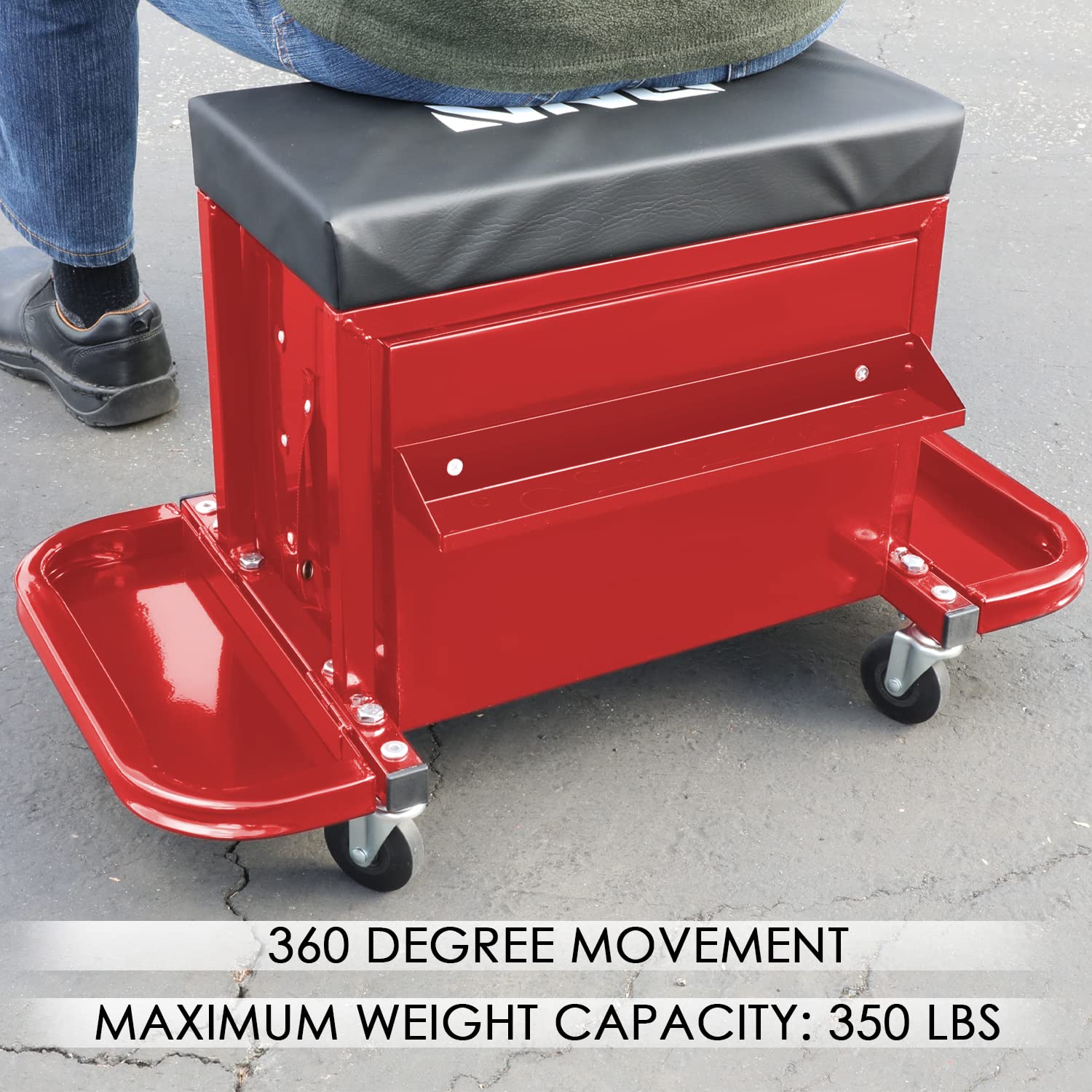 DNA MOTORING TOOLS-00261 Mechanikersitz mit 3 Schubladen, Rollstuhl mit Werkzeugablagen, max. Tragkraft 158,8 kg, Metall, Rot/Ausflug, einfarbig (Getaway Solids)