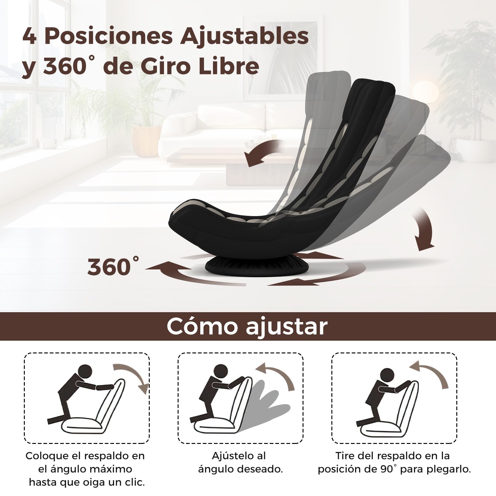 COSTWAY Silla de Suelo Giratoria 360°, Silla de Juego con Respaldo Ajustable en 4 Posiciones, Sofá Perezoso con Soporte Integral, Base de Metal, Silla de Piso para Lectura y Videojuegos (Gris)
