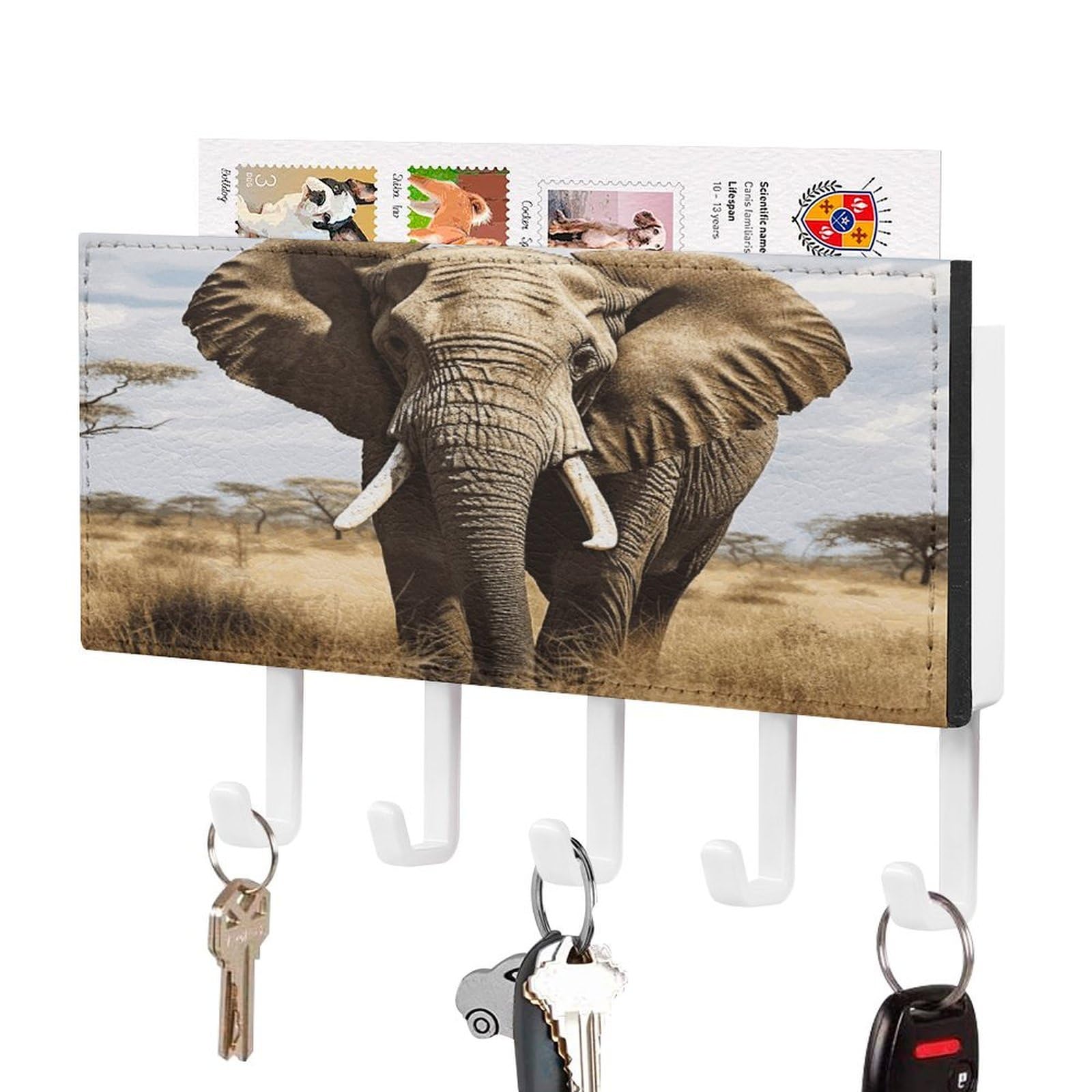 Fekiloot White-Style Elephant Key Holder Wall Mount Key And Mail Holder Key Hanger With 5 Hooks Decorative Pu Key Rack Hanging Key Hooks For Wall Living Room Kitchen Bathroom Hallway