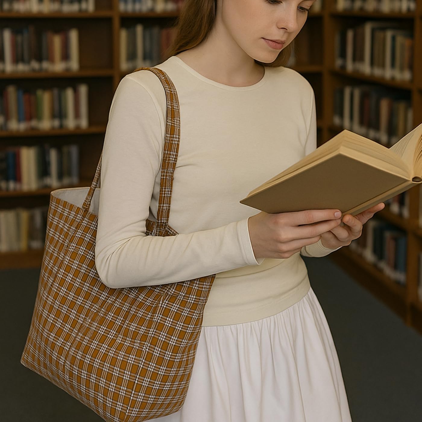 CHUNFO Vintage Gingham Check Tote Bag, Nylon Cotton Blend,Light Stylish Everyday School Travel Work - Image 5