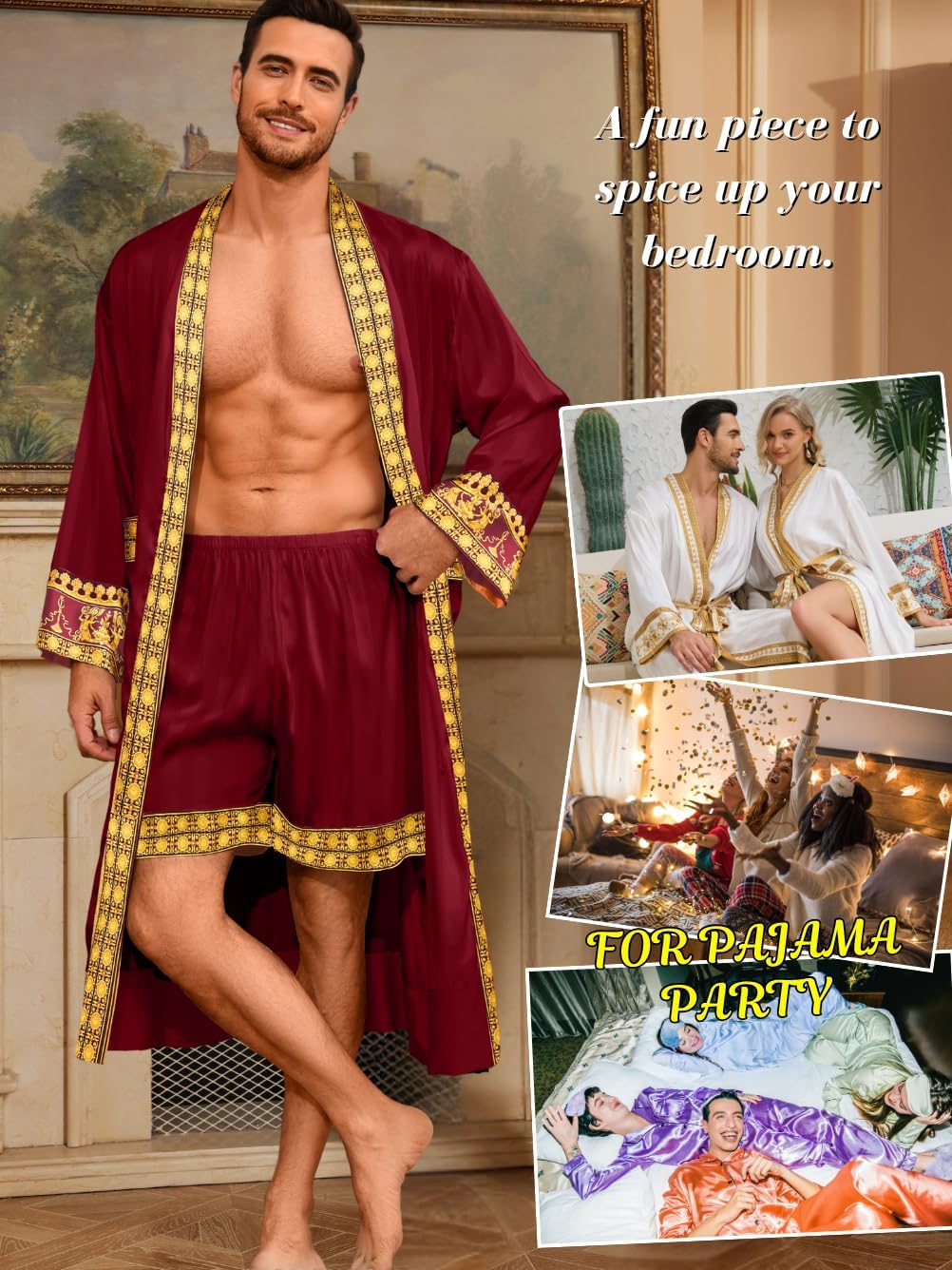 ChiaoLezhee Men's Luxury Silky Robe & Shorts Set, 2PC Lightweight Satin Pajamas with Pockets, Opulent Baroque Kimono Gifts