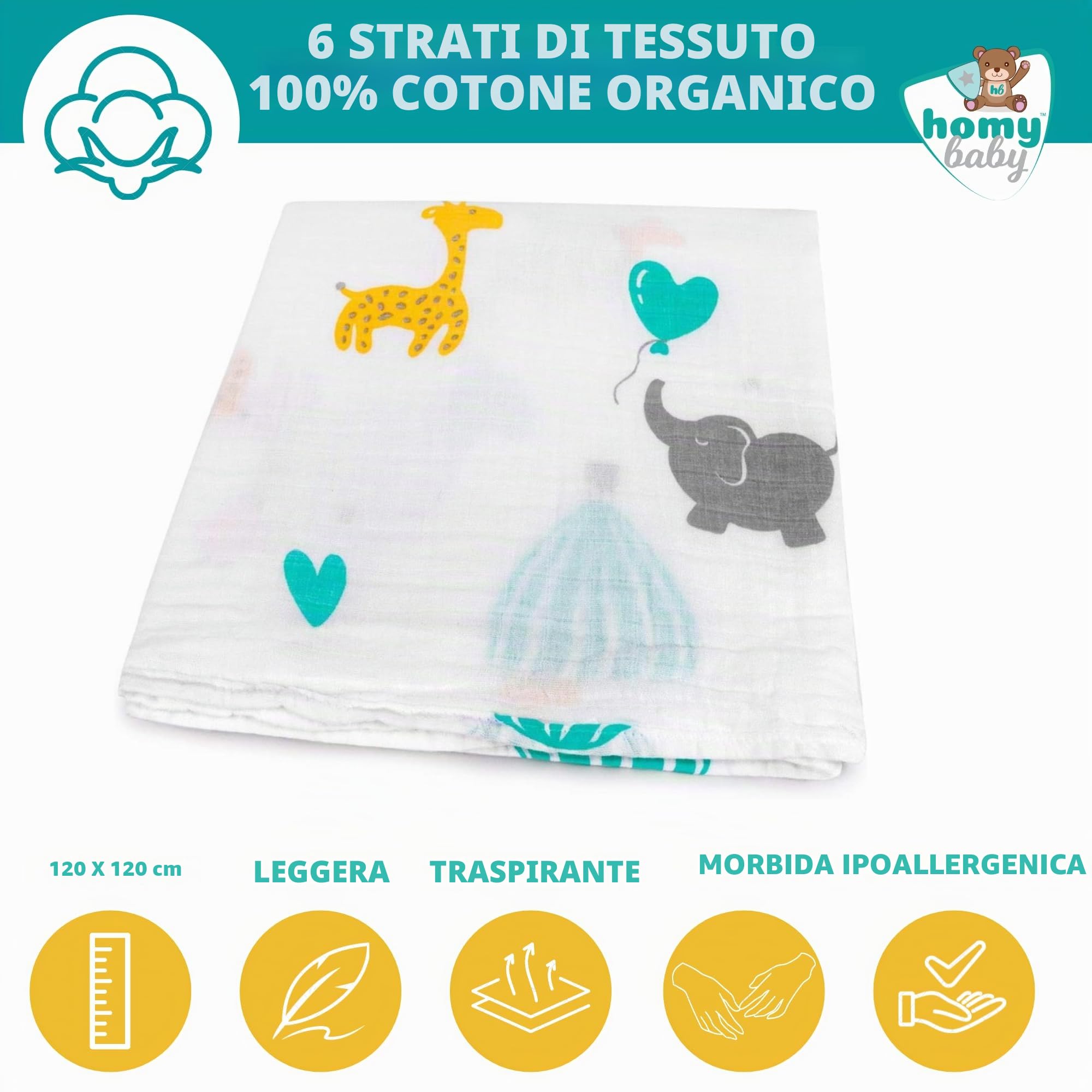 HOMYBABY® Mussola Bebe Cotone Biologico 120x120 - Coperta Neonato Salvietta Mantita