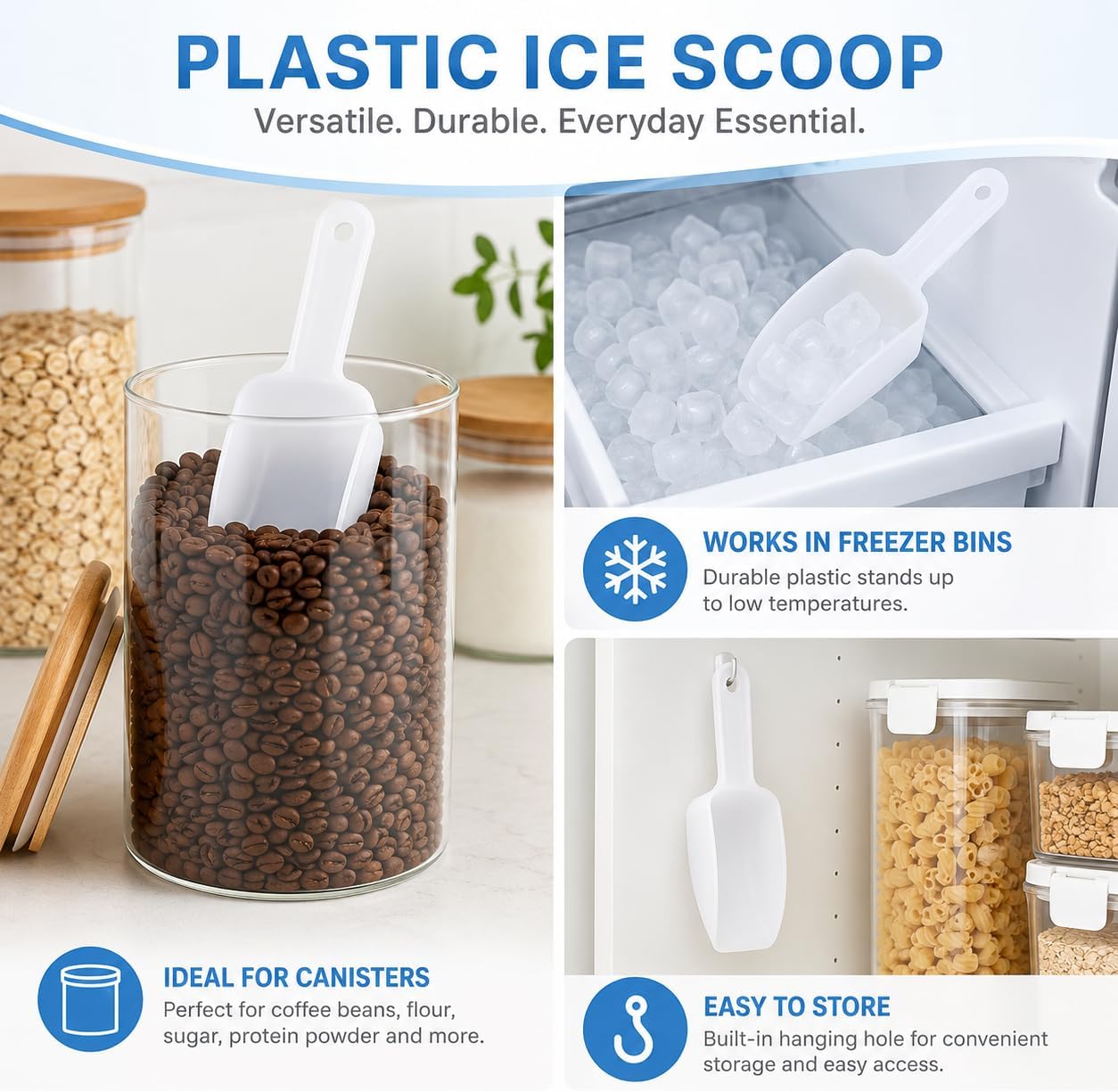 Plastic Ice Scoop, Plastic Kitchen Ice Scoop for Canisters or Ice Maker, Food Scoops for Canisters, Freezer, Flour, Dry Foods, Coffee Beans, Pop Corn, Pet Dog Cat Food
