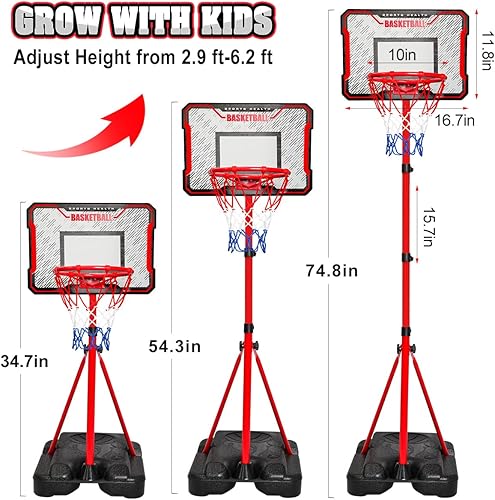 Vista 3 de Meland Aro de baloncesto para niños, altura ajustable de 2.9 a 6.2 pies para niños, juguetes para interiores y exteriores, patio trasero