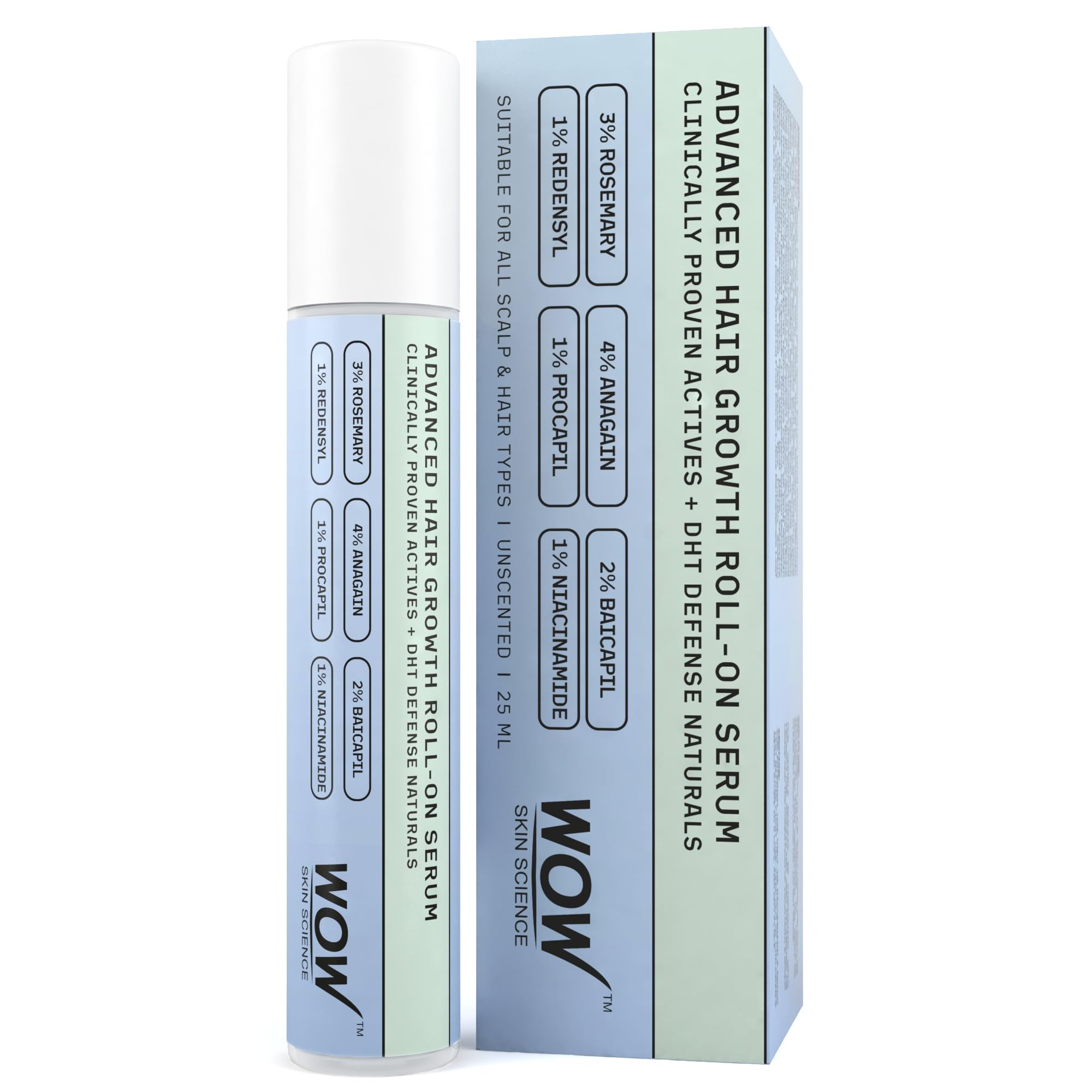 WOW Skin Science Advanced Hair Growth Roll-On Serum | 4% Anagain, 3% Rosemary, 2% Batcapil, 1% Redensyl, Procapil & Niacinamide | DHT Defence | All Hair Types | 25ml