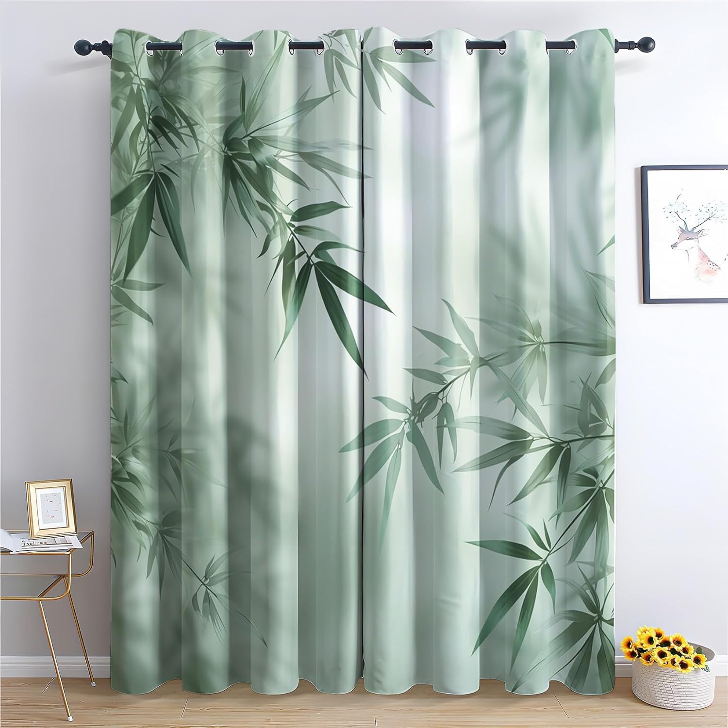 EXSANLIEAY Bamboo Leaves Curtains, Cyan Blackout Curtains for Bedroom Living Room, Thermal Insulated Eyelet Curtain W46xL54 Inch 2 Panels Set, 54 Inch Drop Home Decor Window Treatments