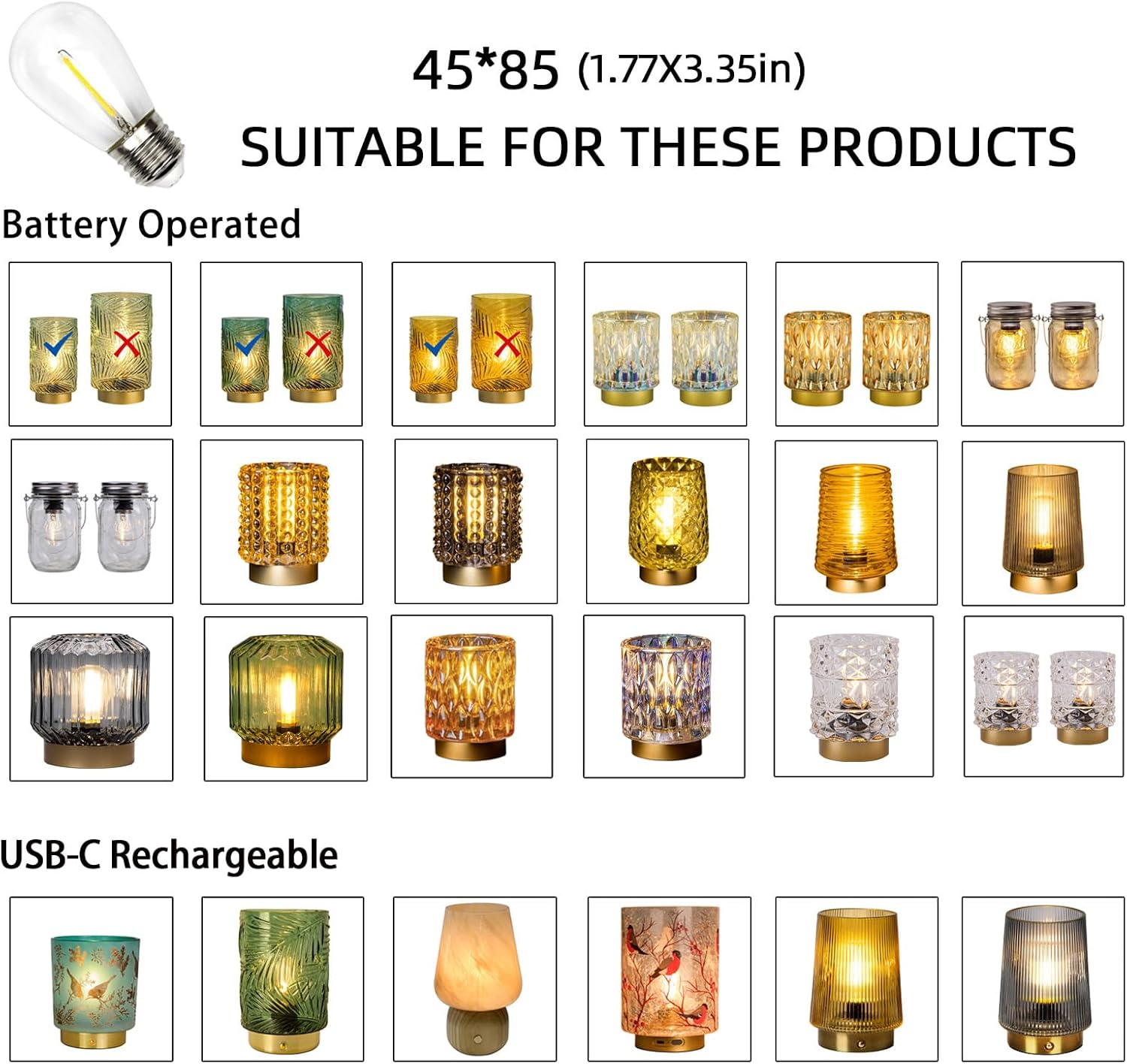 MJ PREMIER LED Light Bulb E27 Base Replacement Bulbs 3V Customized Special Table Lamp Battery Operated Warm White Light(45 * 85)