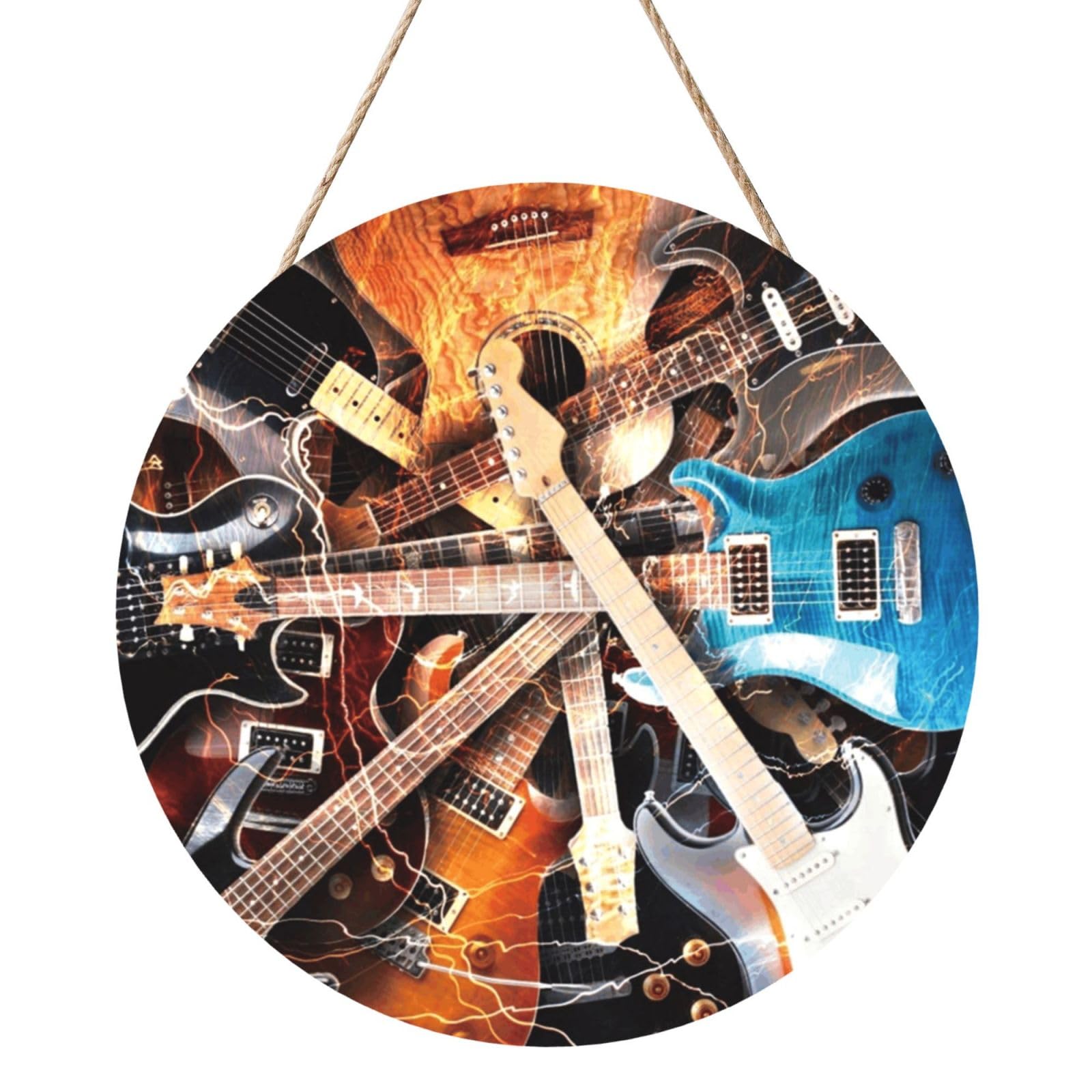 InOmak Electric Guitar, Round Wood Panel Painting 12 in, Wall Hanging Painting For Home