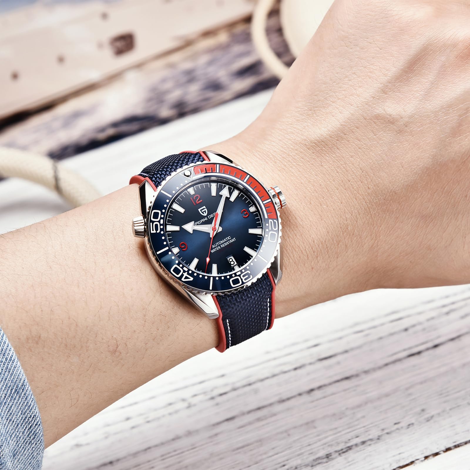 Pagani Design Herrenuhr Automatik Mechanische Uhr Keramiklünette Edelstahl 100m wasserdicht Tauchen Sportarmband Datum Leuchtend Luxusuhr Kautschukarmband
