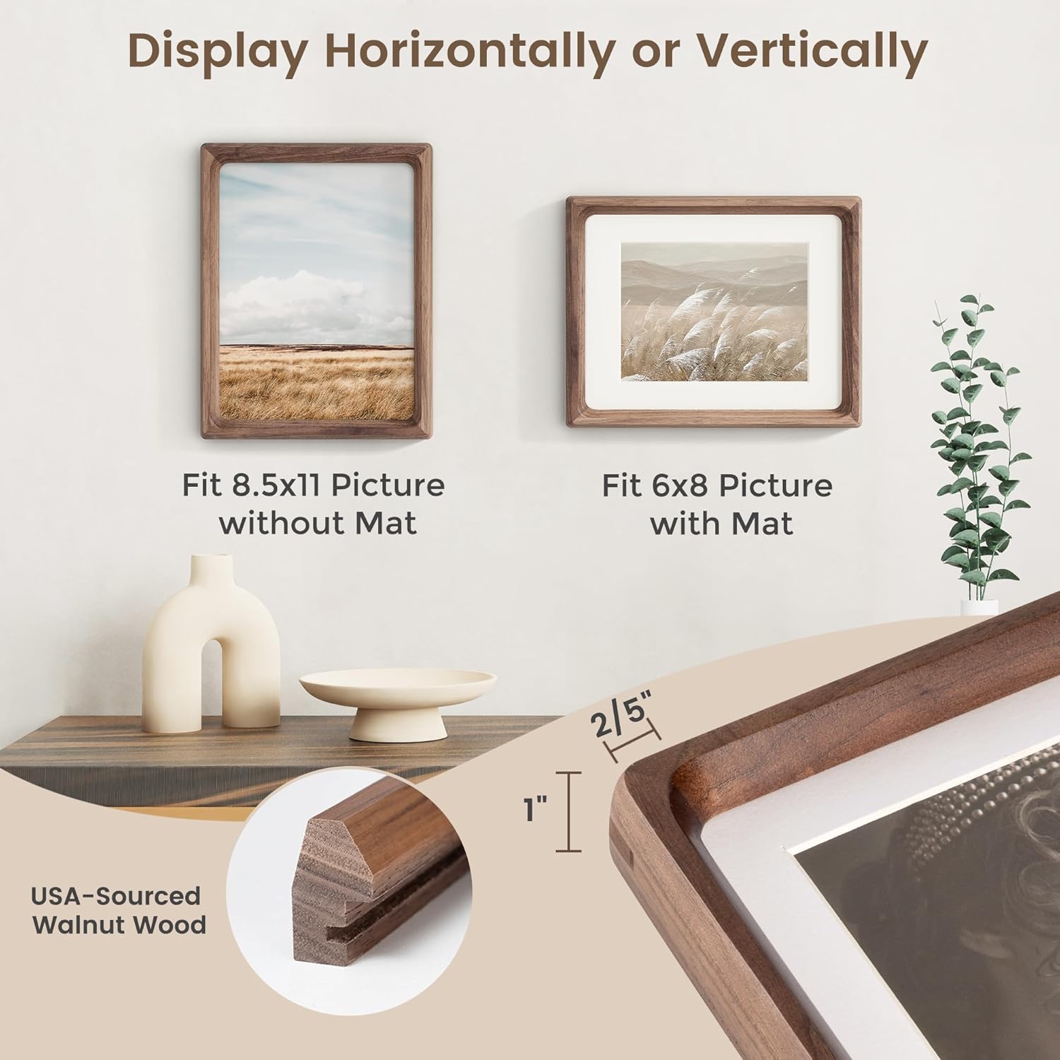 8.5 by 11 Picture Frame, USA-Sourced Walnut Wood Photo Frames with HD Tempered Glass, Handcrafted Rounded Corner 8.5 x 11 Wooden Frames Matted to 6x8 Photos, 8.5x11 Frame, Tabletop or Wall Display - Image 3