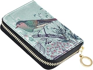 Sletend Little Bird and Plants RFID Credit Card Holder Leather With Zipper Card Case Wallet for Women Girls