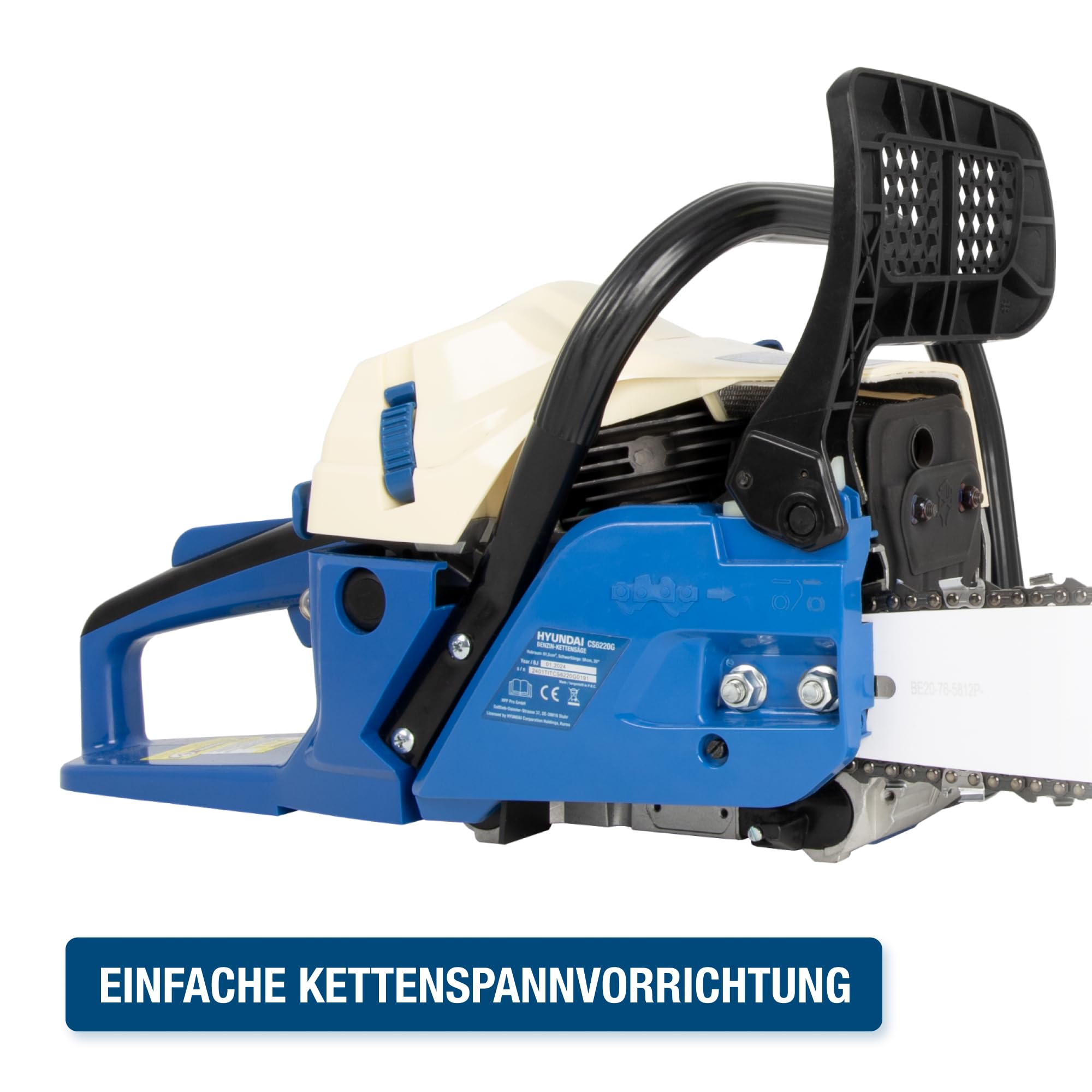 HYUNDAI Benzin-Kettensäge CS6220G | 51 cm/20" HYUNDAI Schwert und Kette | Motorsäge, Motorkettensäge, Benzinsäge | Hubraum 61.5 cm³ | 3.9 PS Leistung | inkl. Werkzeugset
