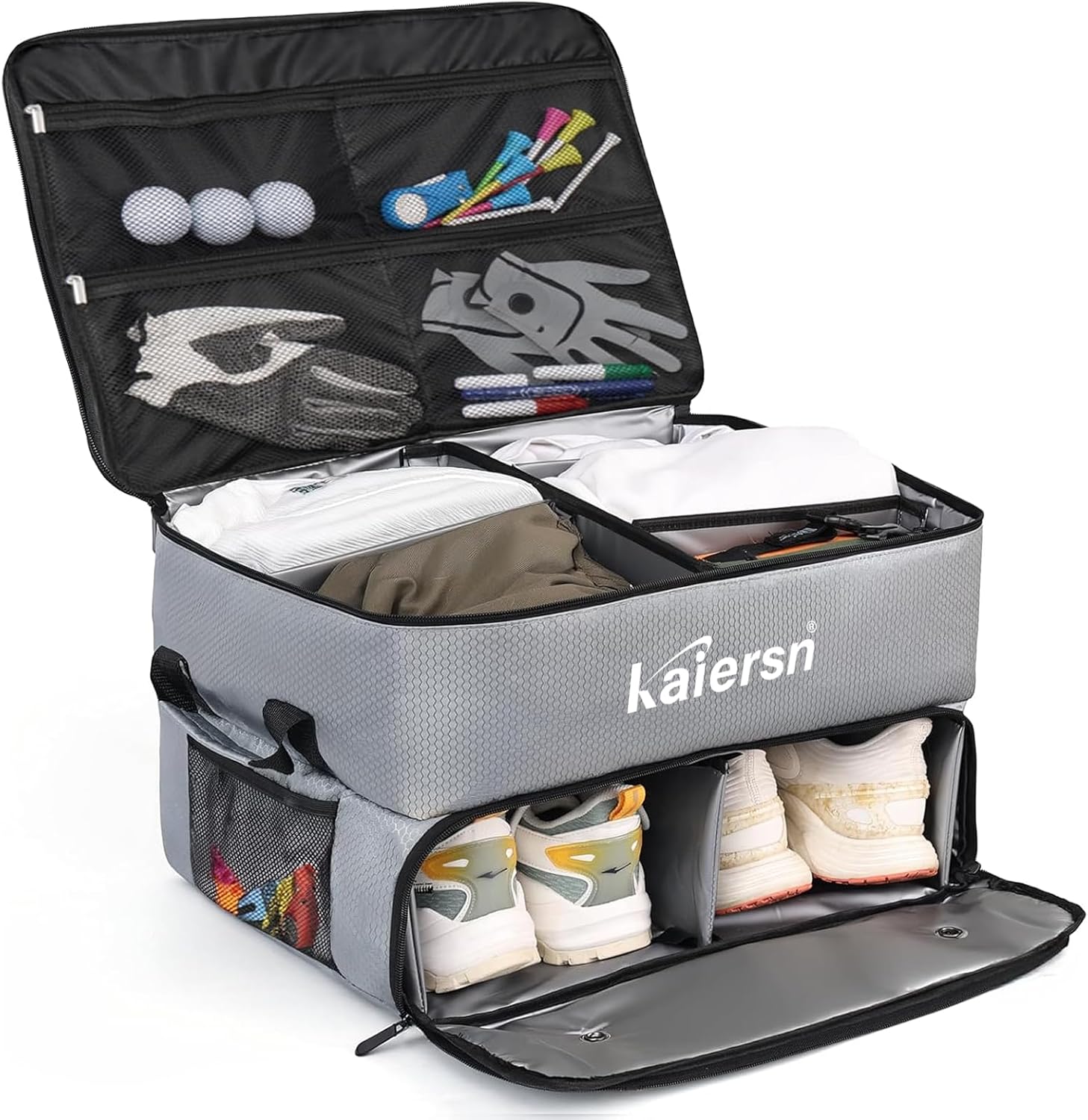 2 Layer Golf Trunk Organizer, Waterproof Car Golf Locker with Separate Ventilated Compartment for 2 Pair Shoes, Golf Trunk Storage for Balls, Tees, Clothes, Gloves, Accessories, Golf Gifts