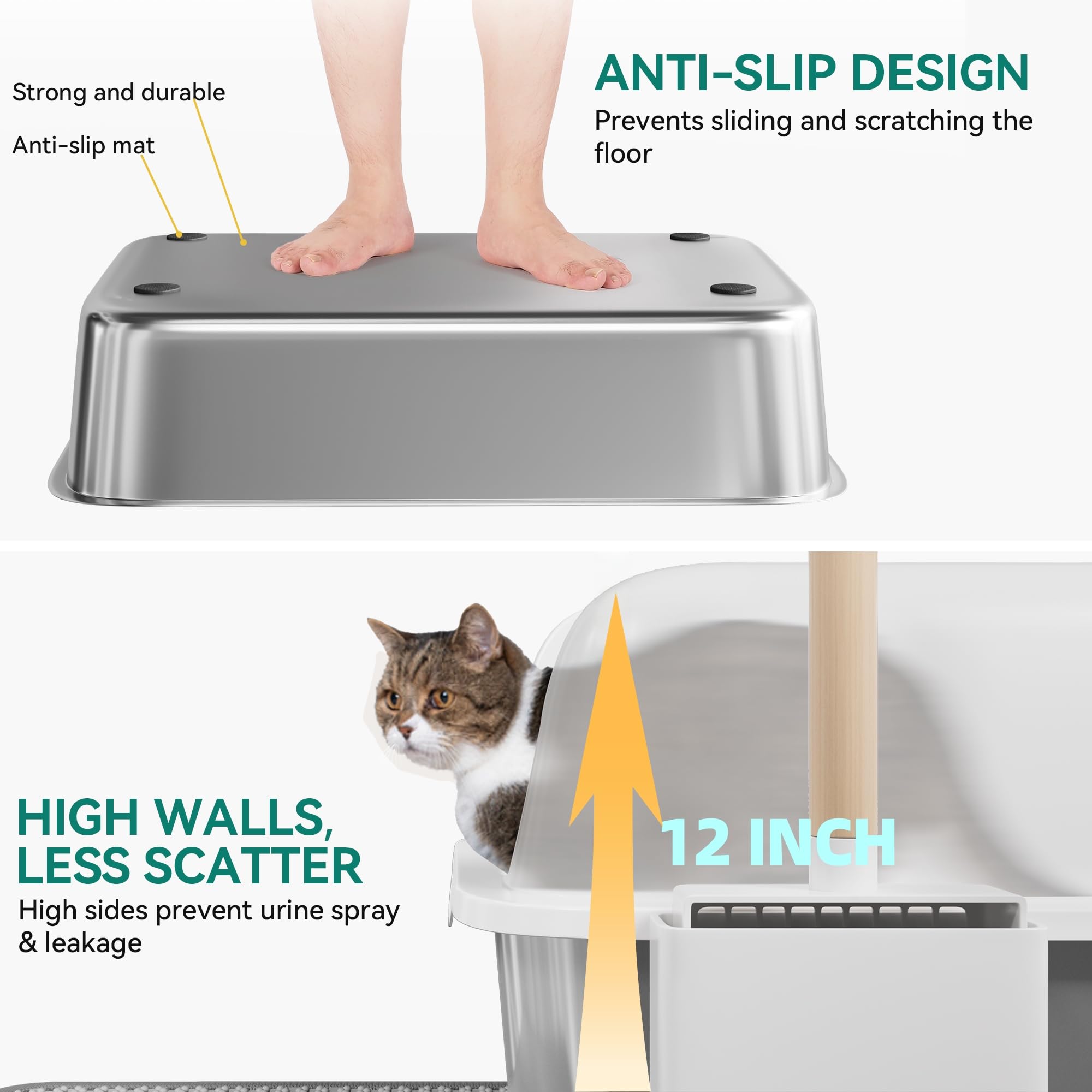 YITAHOME Edelstahl Katzenklo 30L XXL Extra Groß Katzentoilette- rutschfeste Hochwand | Anti-Streu-Fußmatte | Leicht zu Reinigende Antihaft-Oberfläche | 60x40x30cm (Grau)